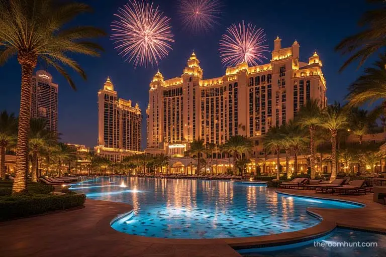 The illuminated, distinctive architecture of Atlantis The Royal in Dubai at night.