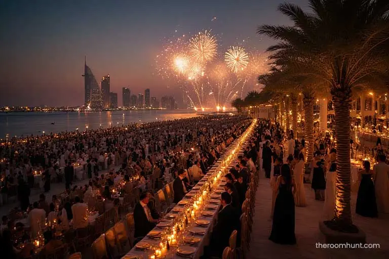 Thousands of guests attending the high-end Atlantis The Royal New Year's Eve Gala Dinner on the beach.