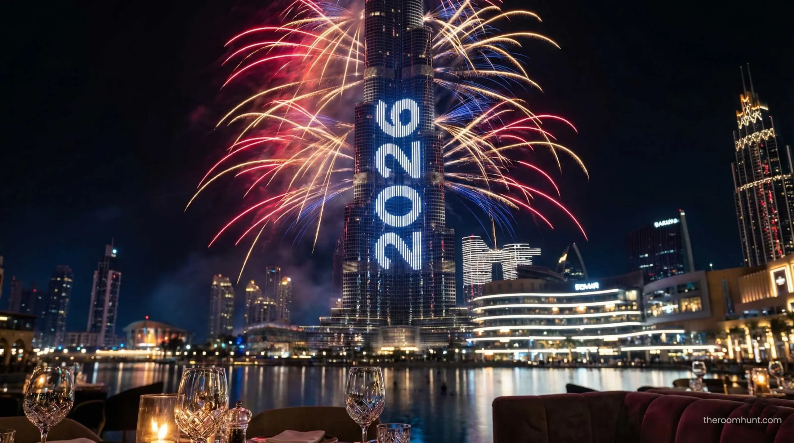 The Burj Khalifa illuminated with 2026 displayed in the New Year's Eve firework light show.