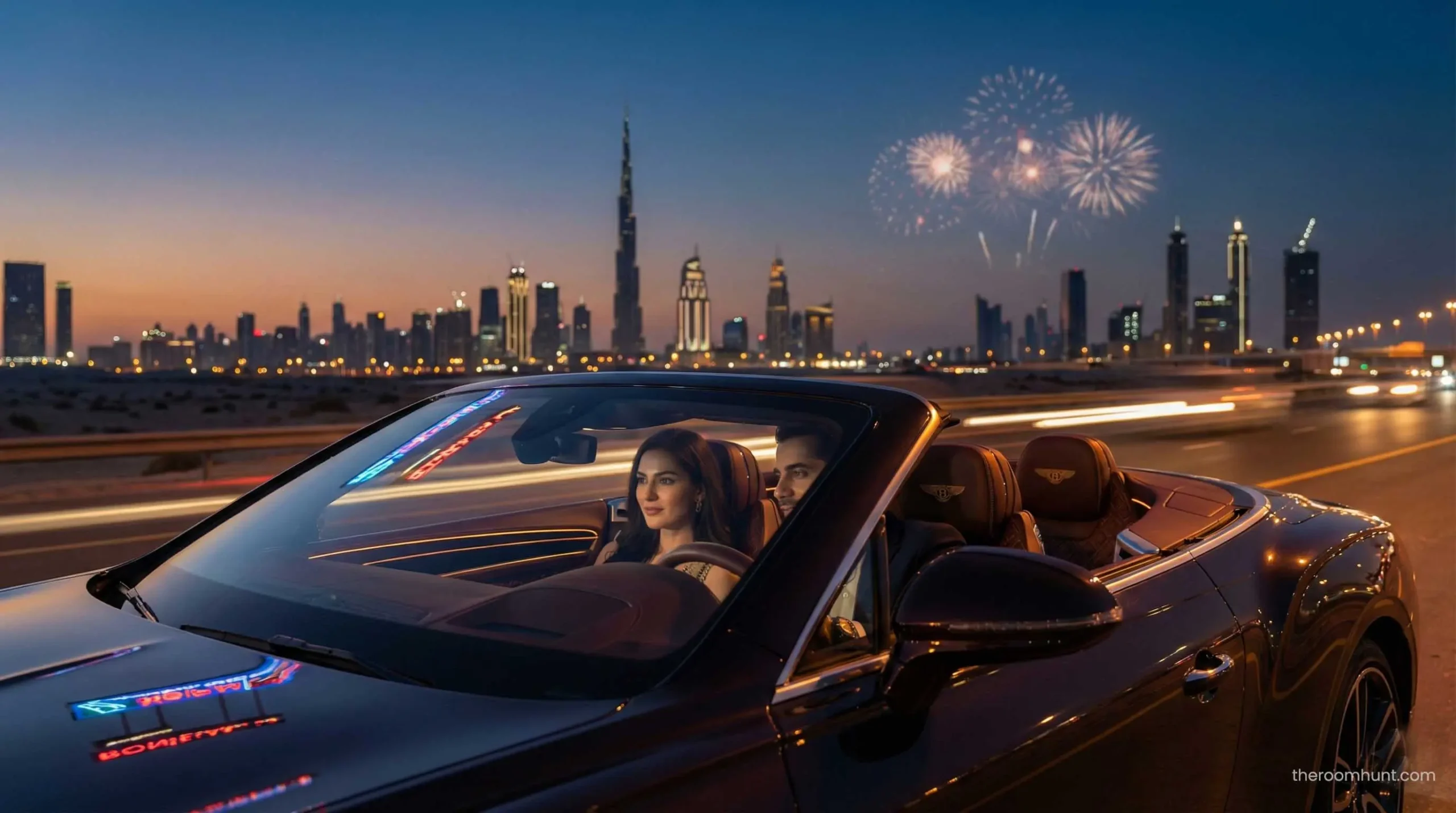 A luxury convertible driving on a scenic highway near Dubai with skyscrapers in the background.