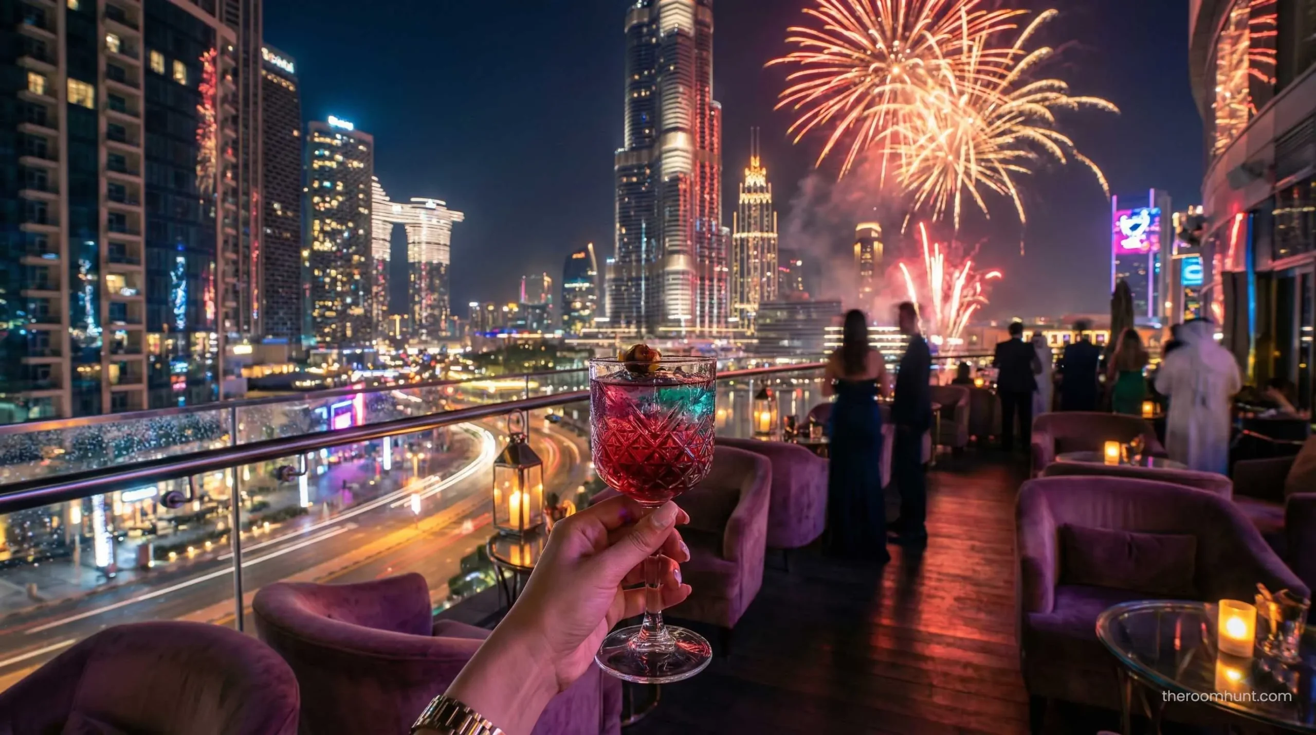 A high-end cocktail held up on a Downtown Dubai rooftop bar terrace with the Burj Khalifa in the background.