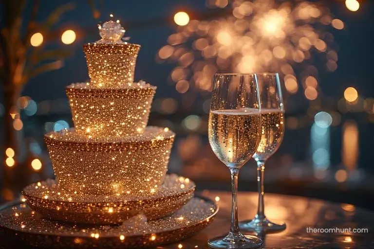 Sparkling champagne tower at a luxury New Year's Eve gala dinner in Dubai.