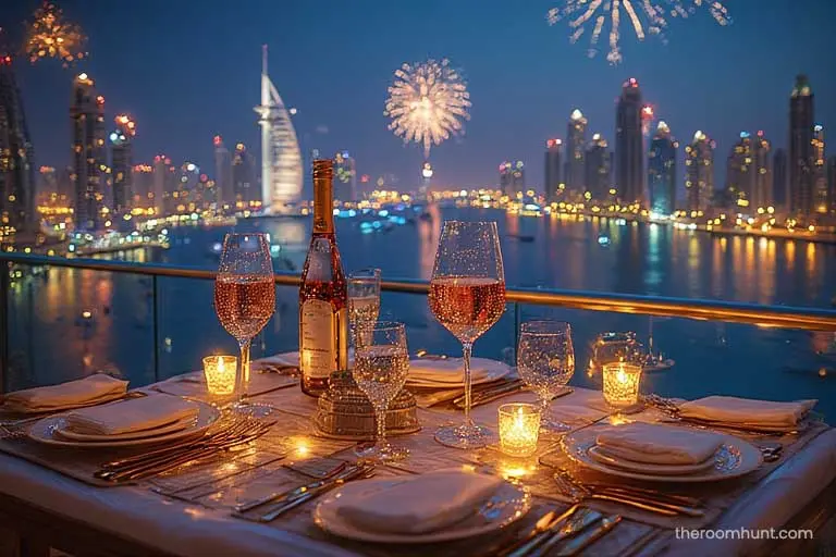 Strategic map showing the recommended anchoring zones for private yacht charters during Dubai's New Year's Eve fireworks.