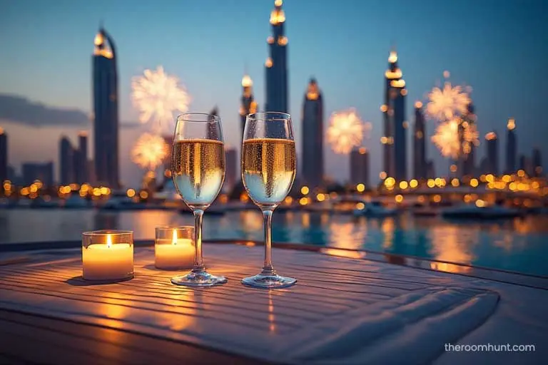 Luxury yacht deck with champagne and exclusive seating for a New Year's Eve party in Dubai.