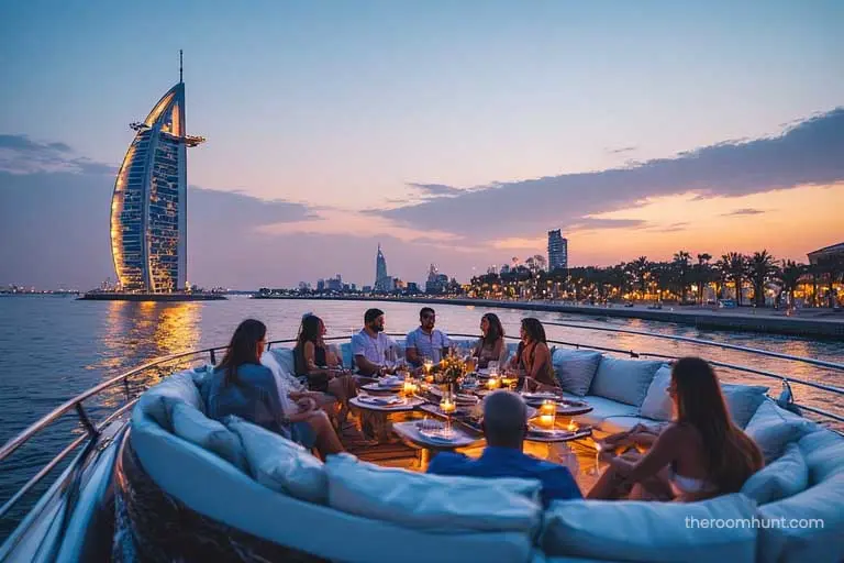 Luxury yacht charter on the water near the Burj Al Arab hotel celebrating New Year's Eve.