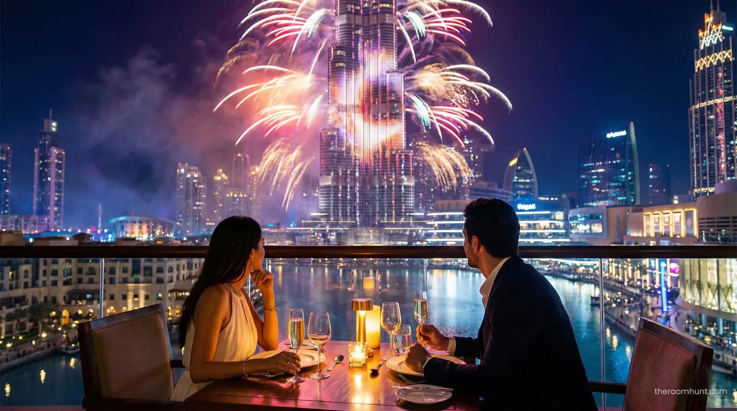 A clear, front-row view of the Burj Khalifa New Year's Eve fireworks from the terrace of Thiptara restaurant.