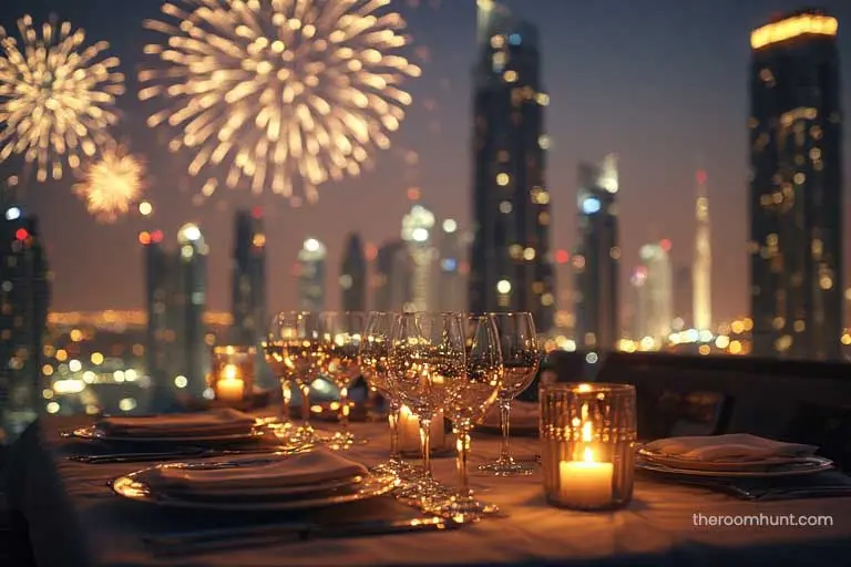 Elegantly set VIP table on a Dubai rooftop with champagne and a dramatic view of the city skyline at night.