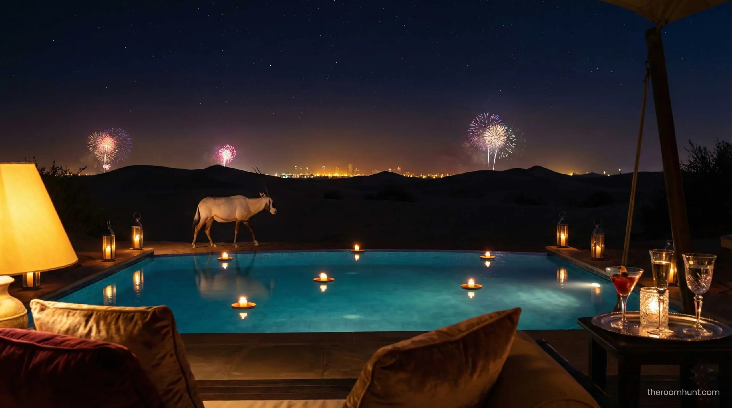 Private infinity pool at Al Maha Desert Resort overlooking the Dubai desert dunes.