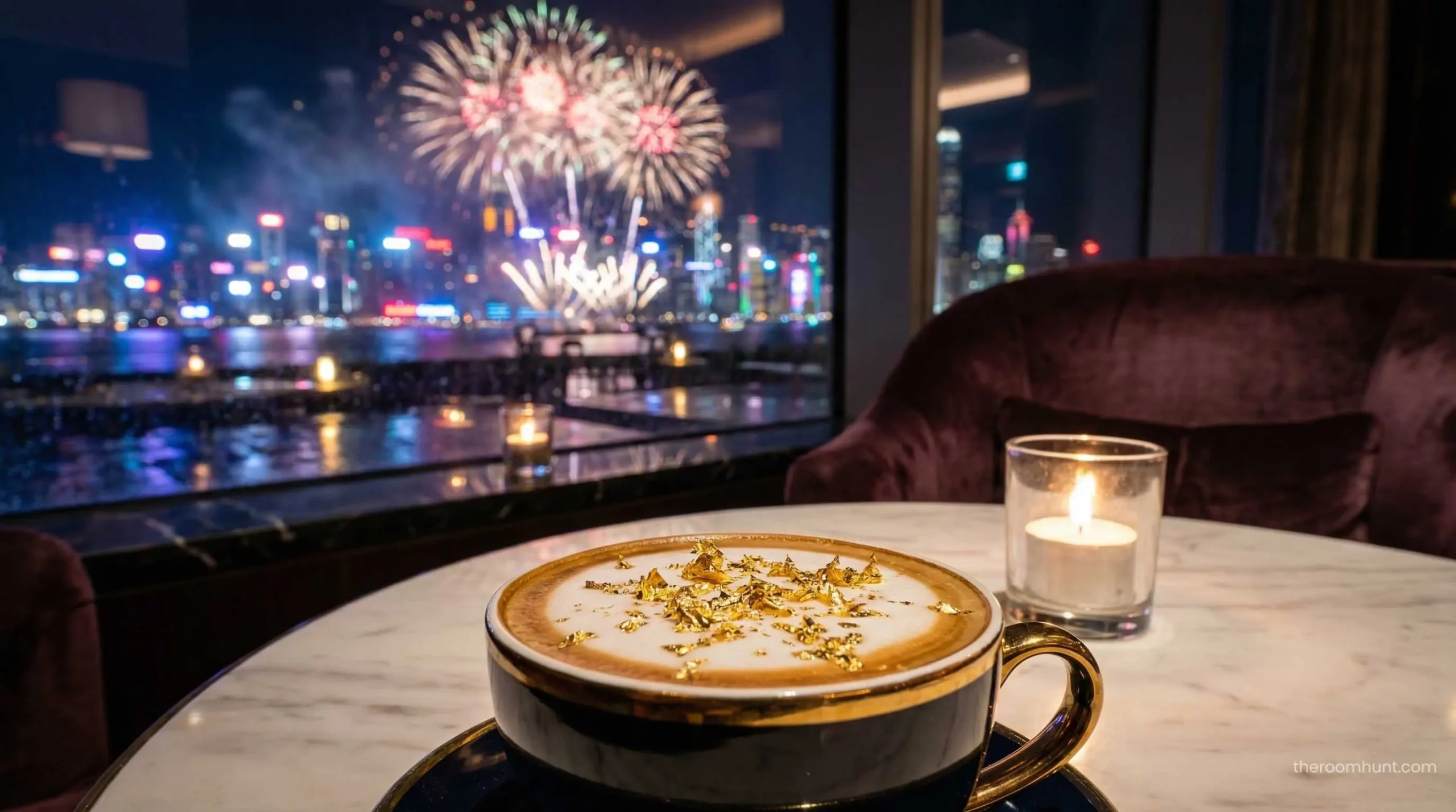 Close-up of a Gold Cappuccino sprinkled with 24-carat gold flakes at a luxury hotel.