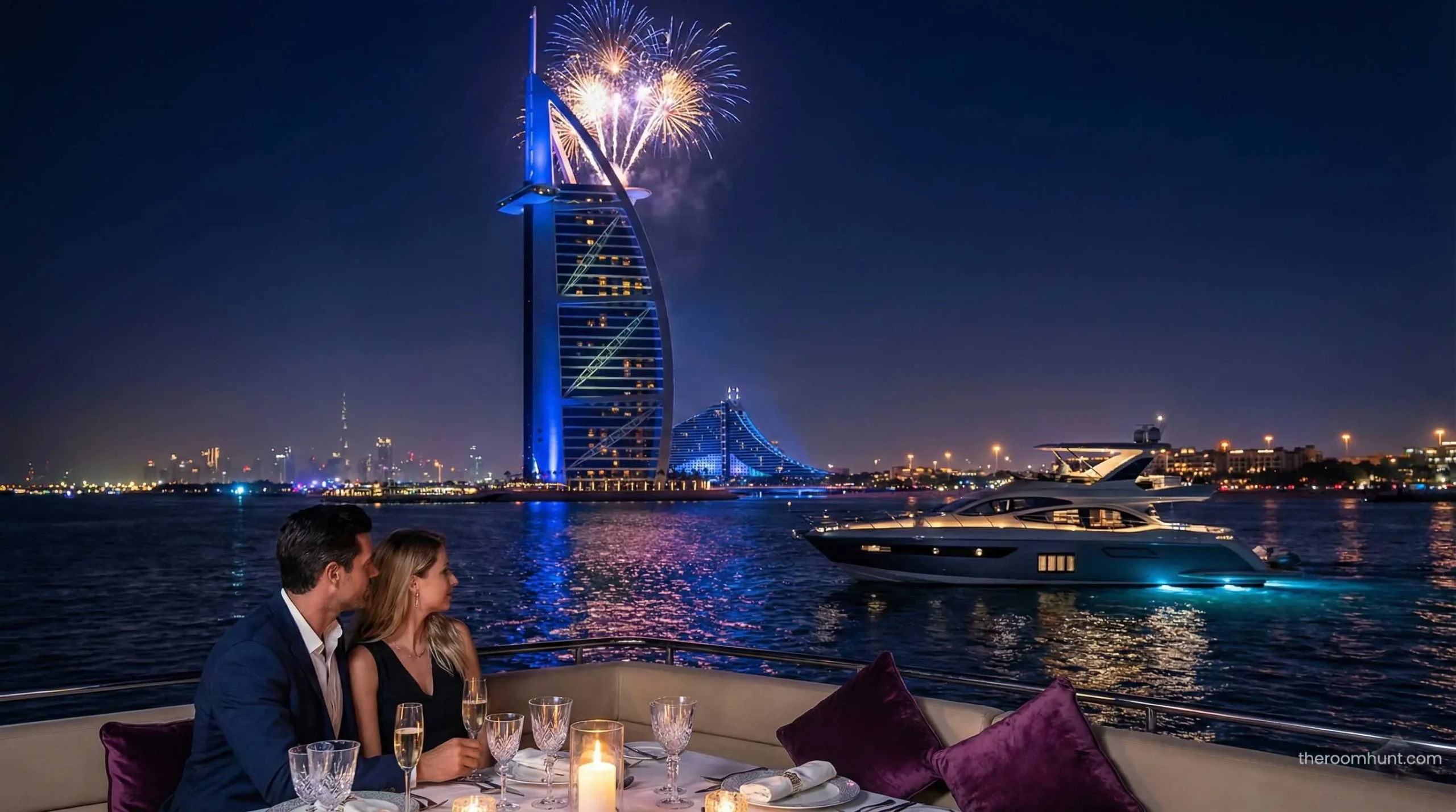The Burj Al Arab's iconic sail structure at night with the famous helipad visible.