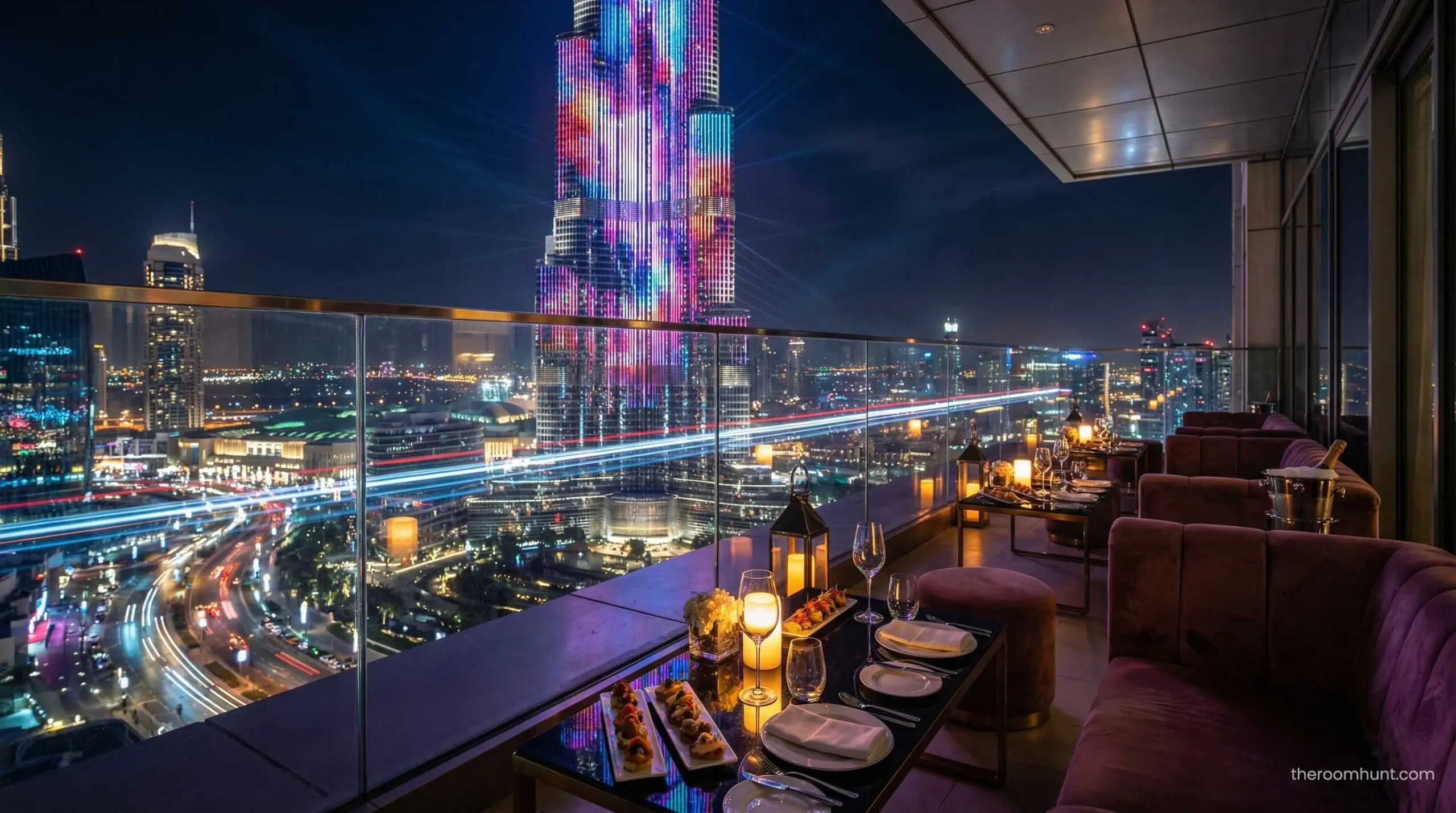 A luxury hotel balcony view in Downtown Dubai overlooking the Burj Khalifa at night.
