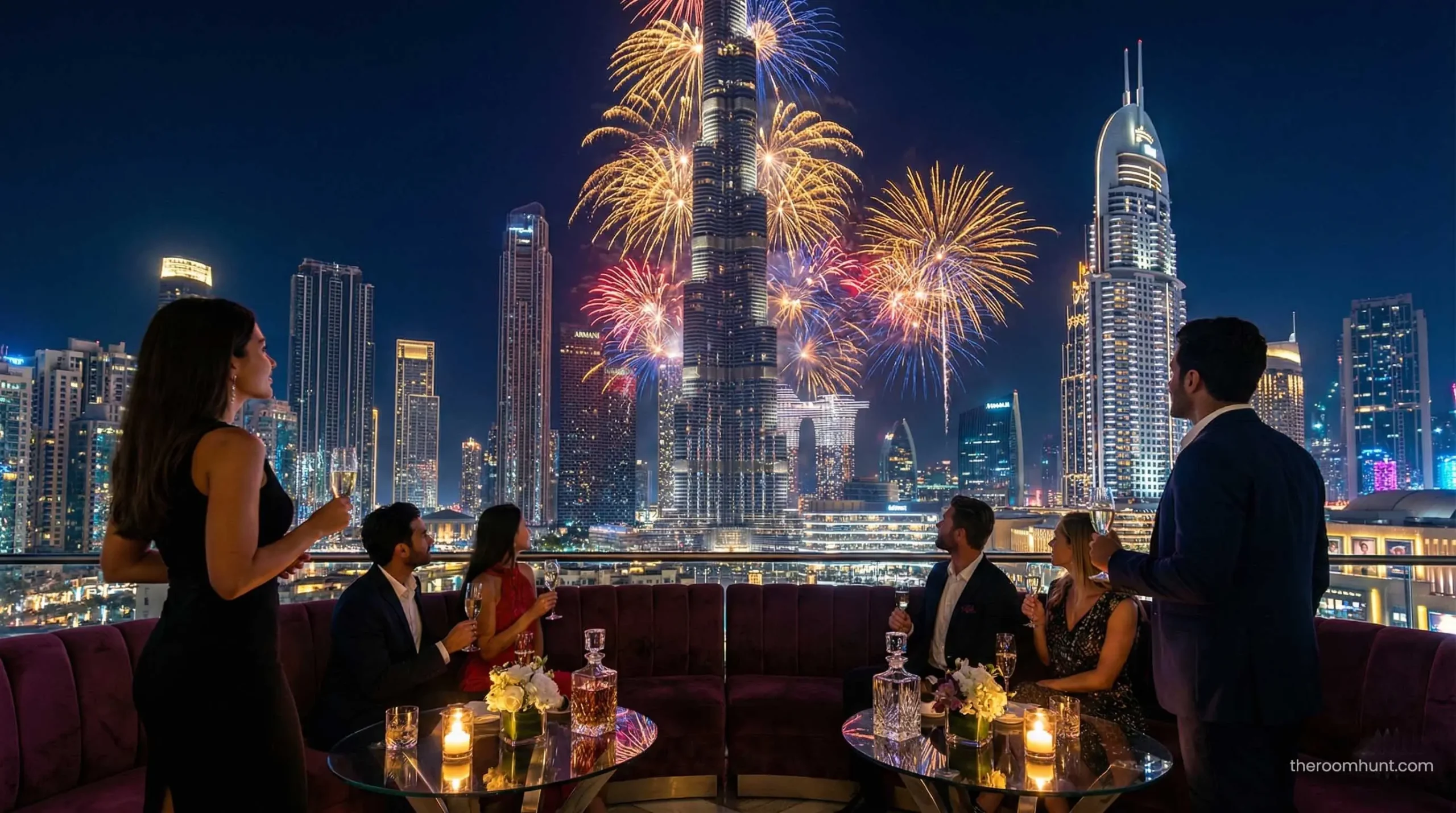 Multiple luxury hotels in Downtown Dubai clustered around the Burj Khalifa, illustrating the prime viewing zone.