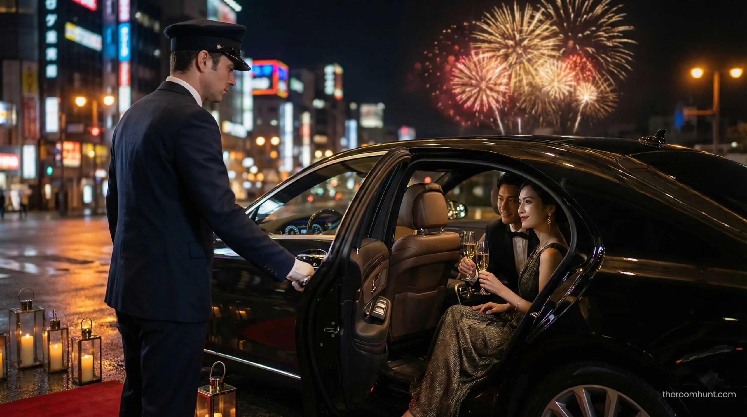 Luxury chauffeur service in Dubai ensuring safe transport for guests after a New Year's Eve party.