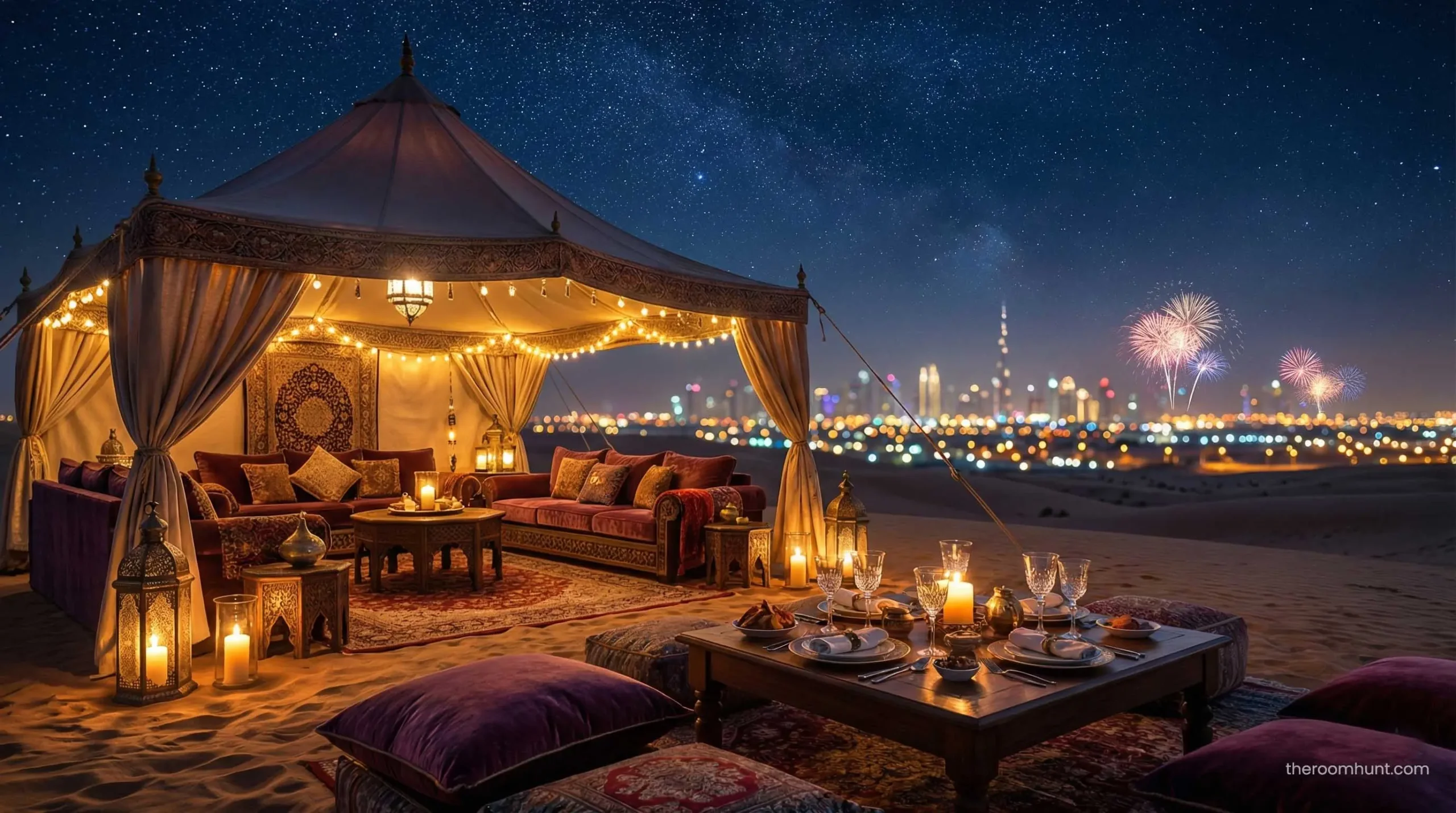 Luxury Bedouin glamping tent set up in the Dubai desert for an exclusive New Year's Eve retreat.