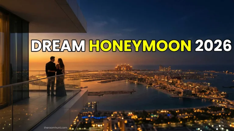 A couple standing on a private luxury terrace in Dubai watching the sunset over the Palm Jumeirah.