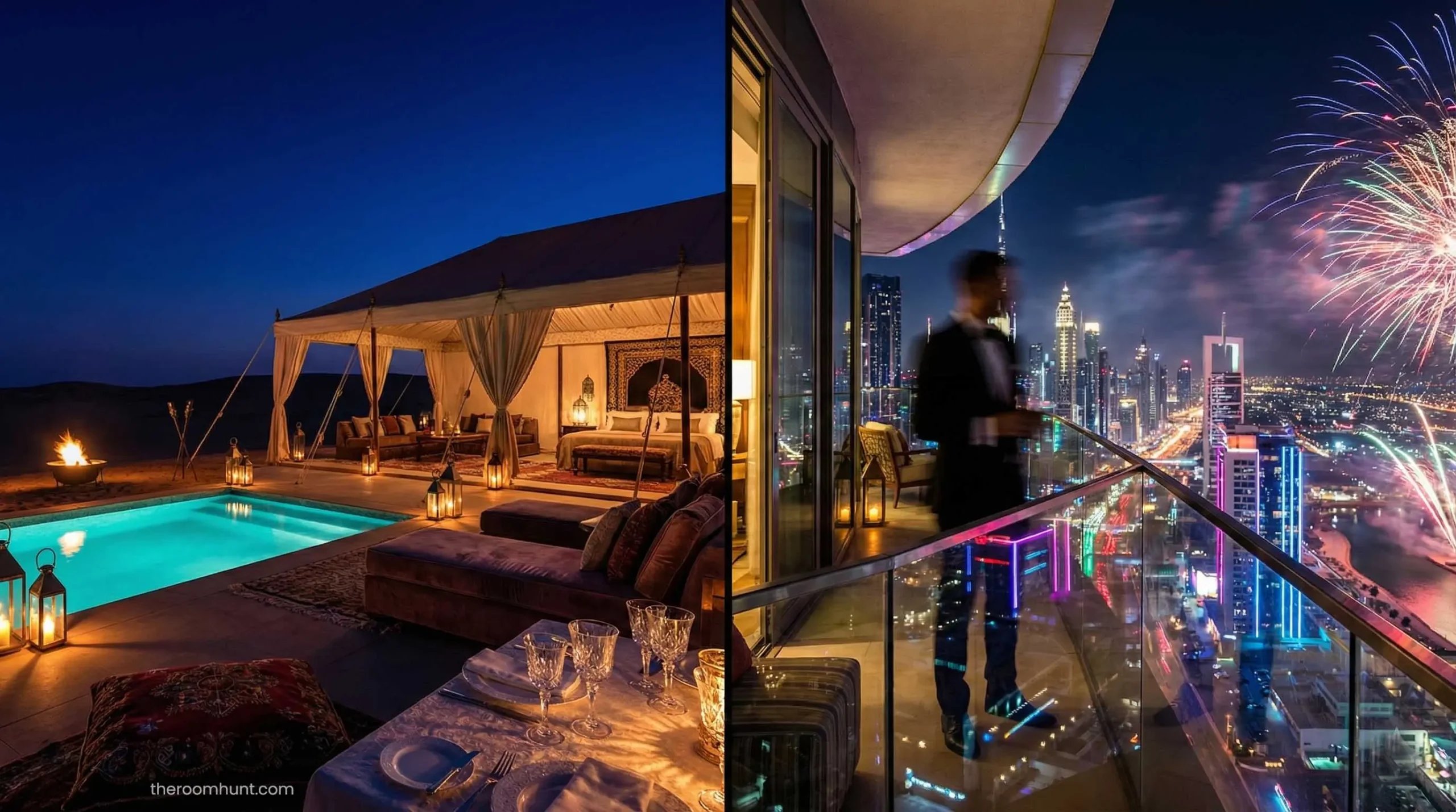 Comparison of a romantic desert resort with private pool versus a luxury city hotel in Dubai.