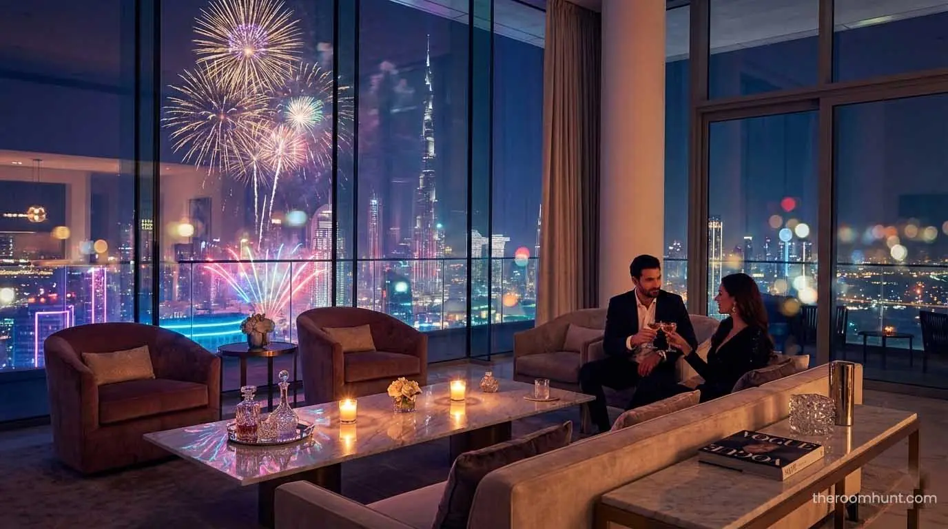 Expansive living room of a luxury penthouse in Dubai with floor-to-ceiling windows and a direct view of the Burj Khalifa.