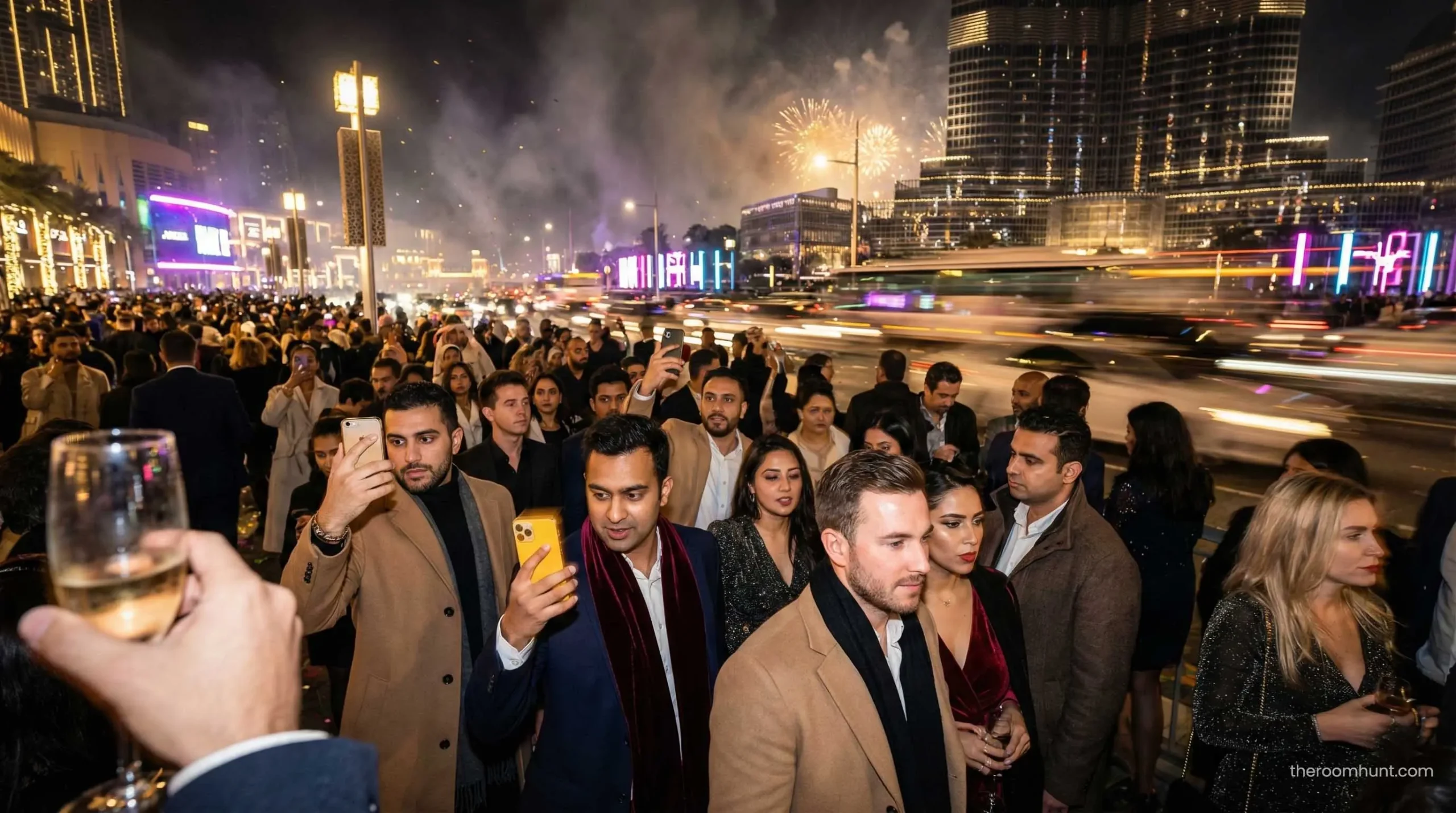 Densely packed crowd of people in the Downtown Dubai area watching the Burj Khalifa fireworks on New Year's Eve.