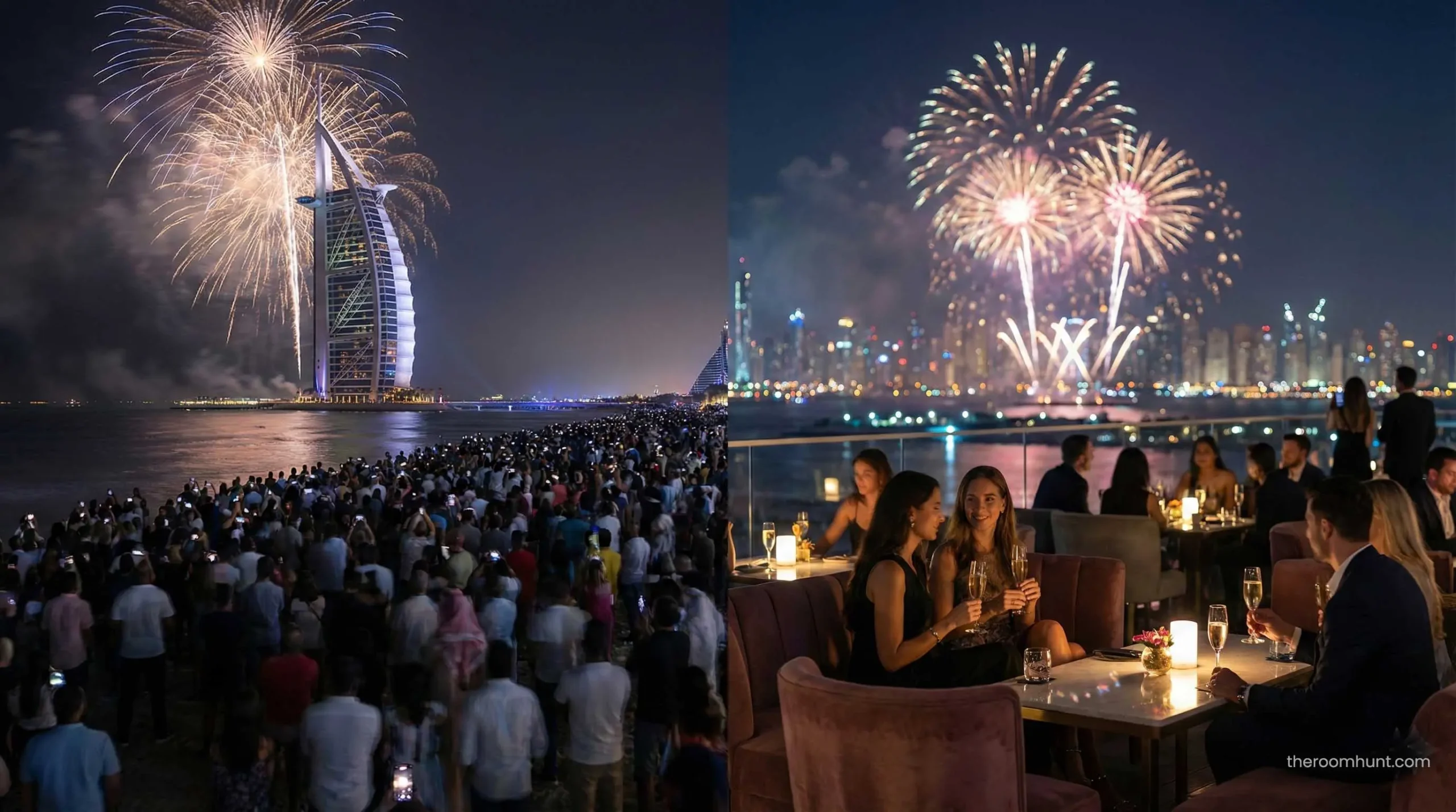 Comparison of a crowded public beach area watching Dubai fireworks versus an exclusive, uncrowded VIP viewing area.
