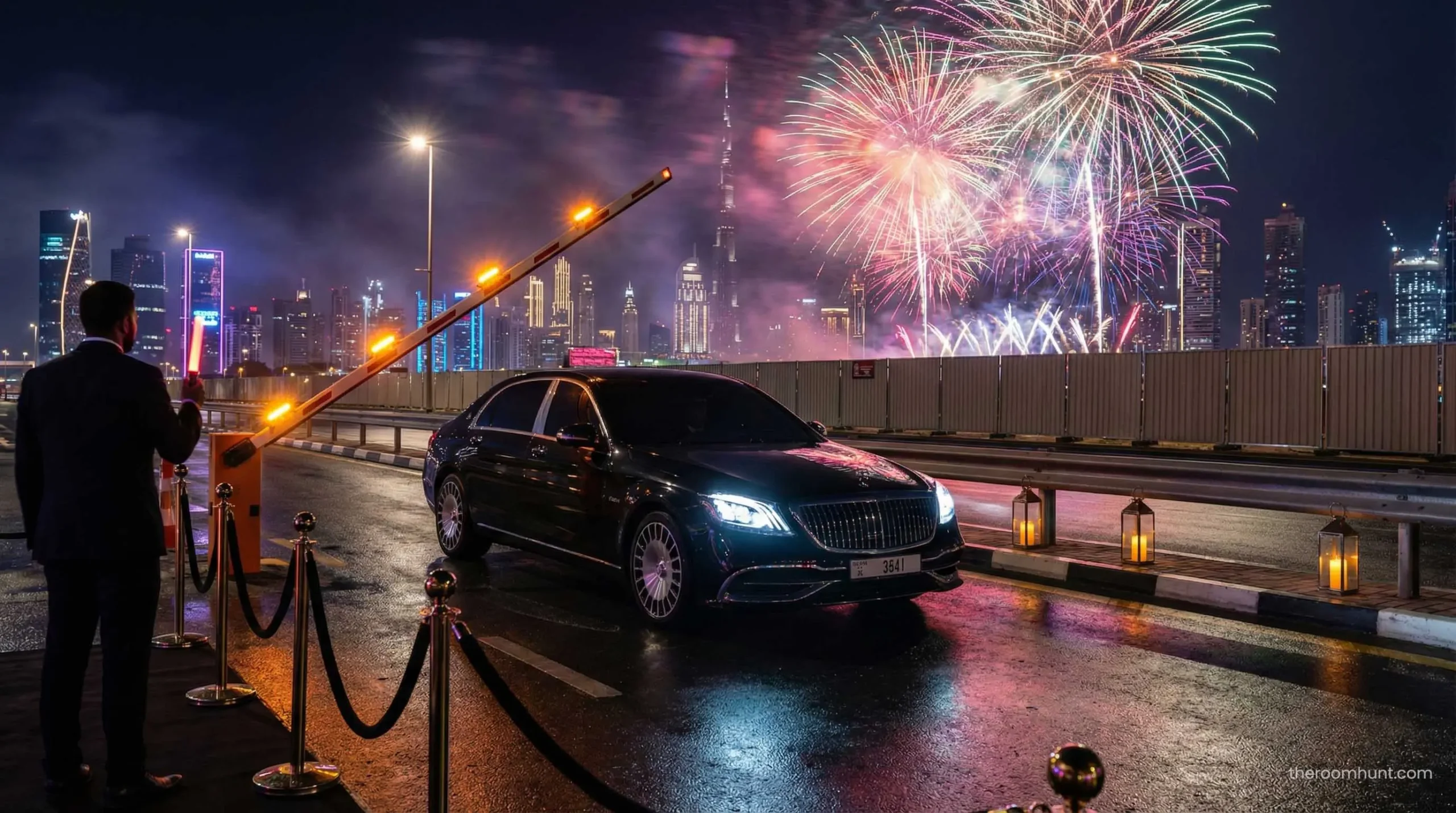 A black luxury sedan being guided through a restricted road closure near the Burj Khalifa area on New Year's Eve.