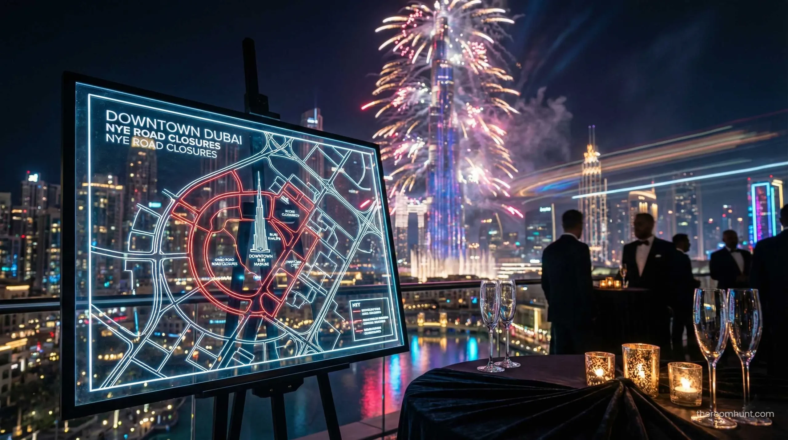 Simplified map illustrating the major road closure zones in Downtown Dubai and Business Bay on New Year's Eve.