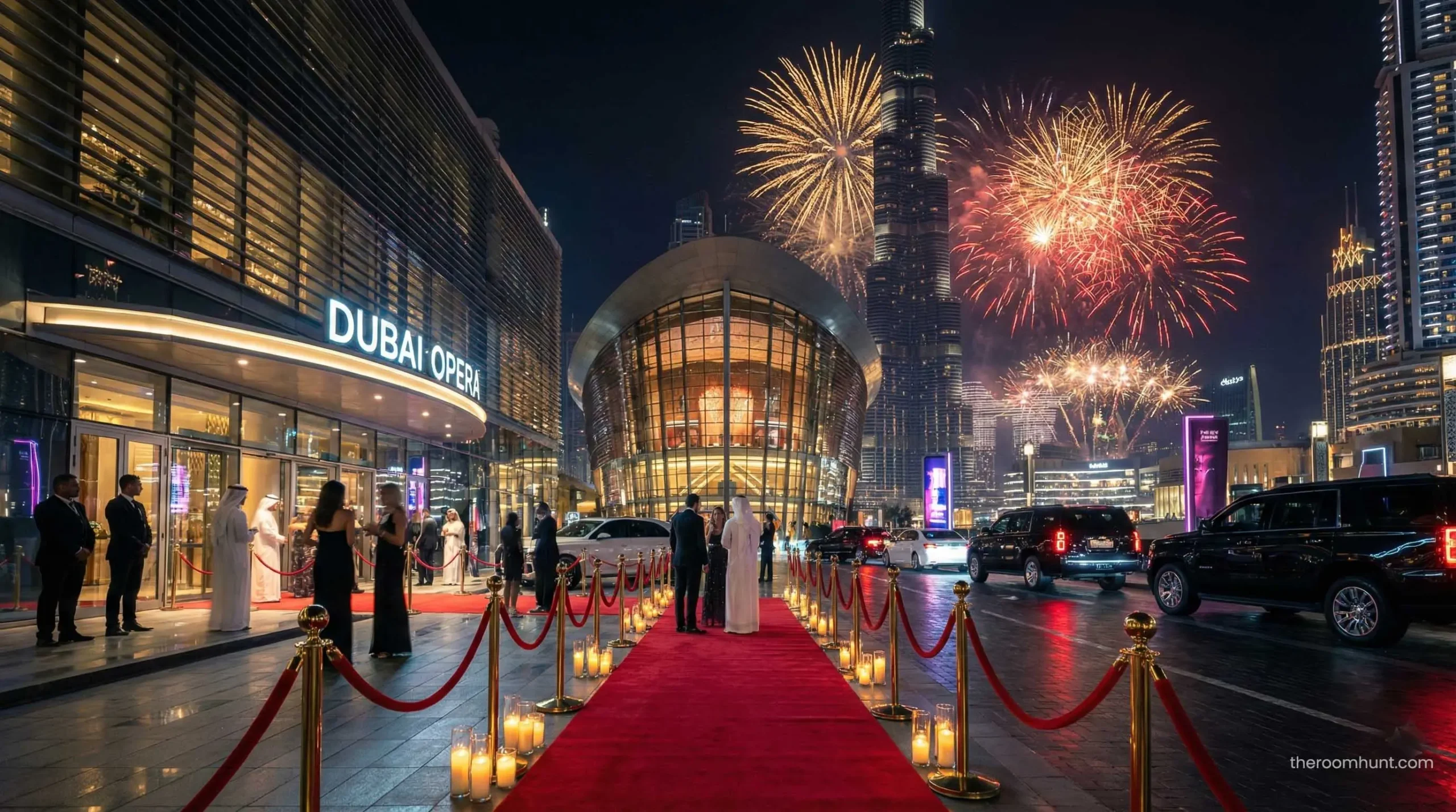 The illuminated exterior of the Dubai Opera at night with the Burj Khalifa in the background on New Year's Eve.
