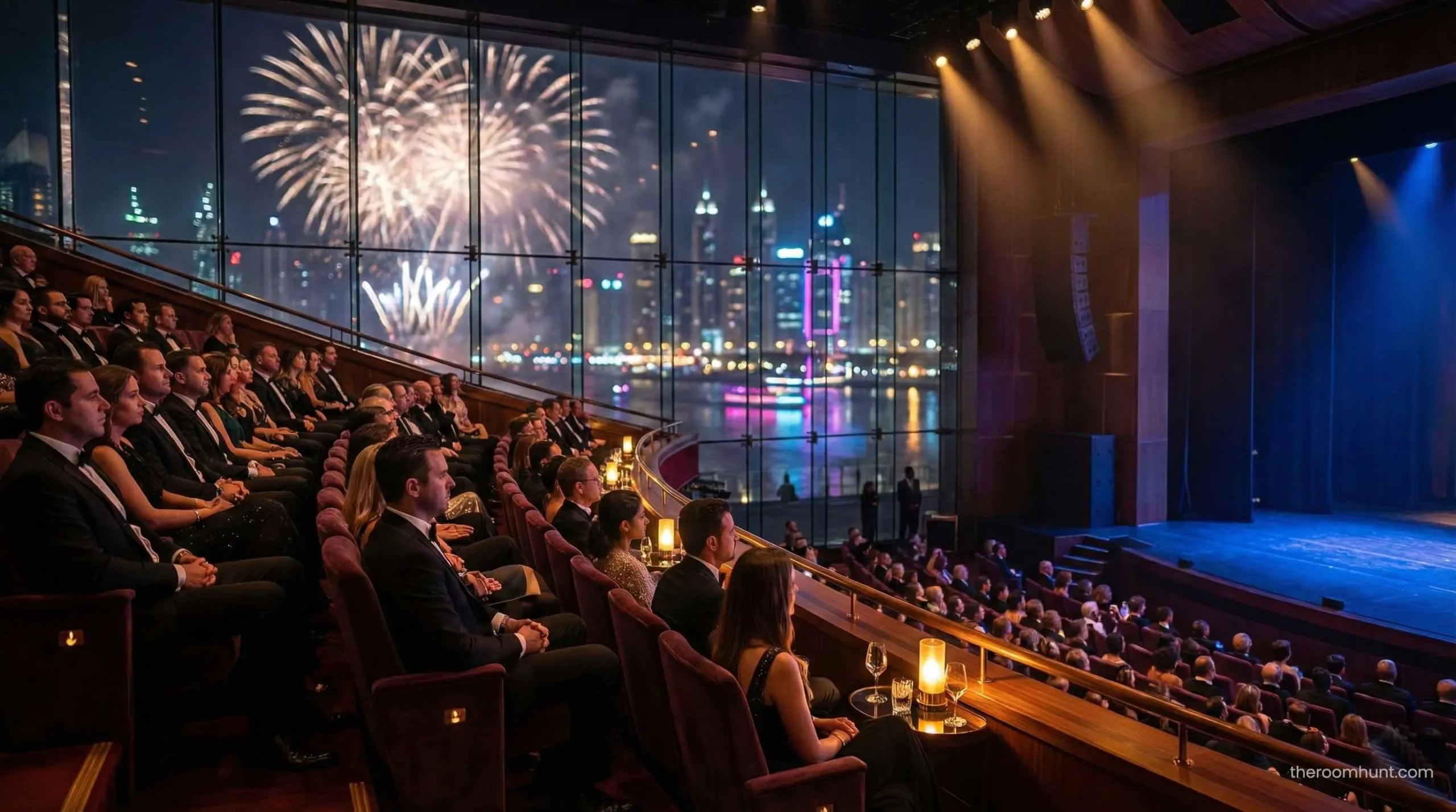 The elegant interior of the Dubai Opera during a high-end New Year's Eve performance.