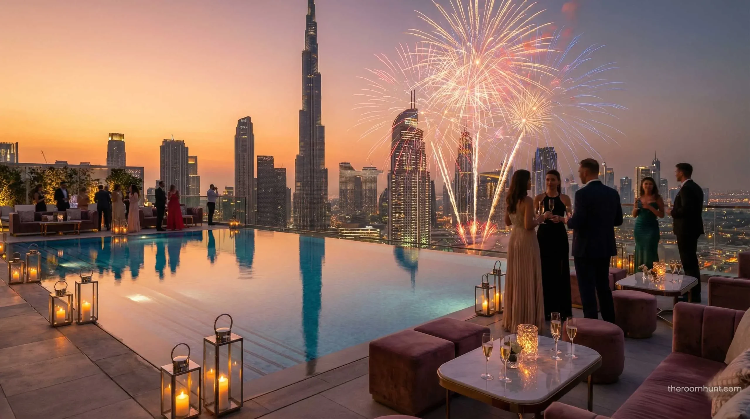 Private infinity pool on a luxury penthouse terrace with a breathtaking view of the Dubai skyline at sunset.