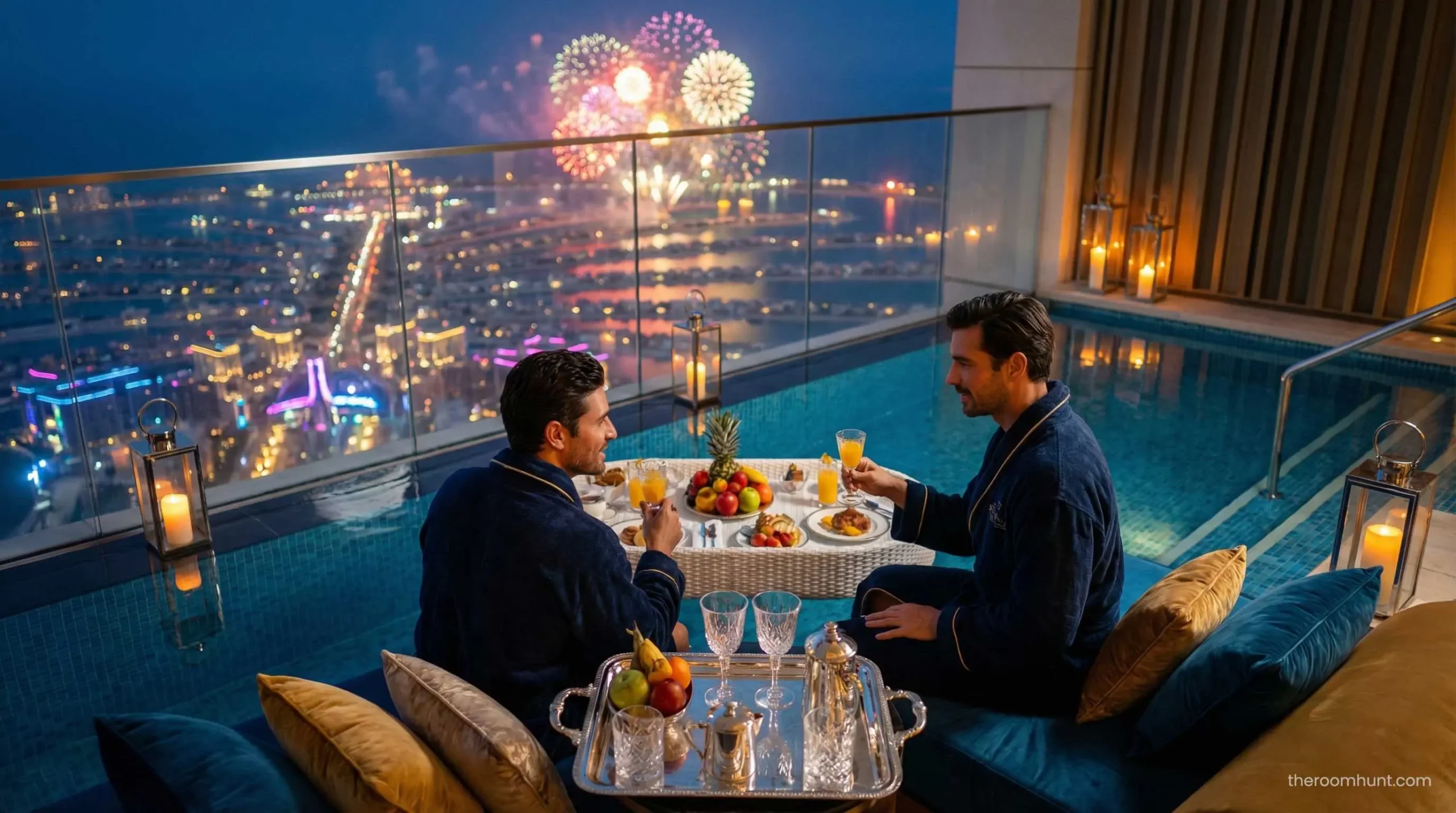 Couple enjoying a floating breakfast in a private pool suite at Atlantis The Royal Dubai.