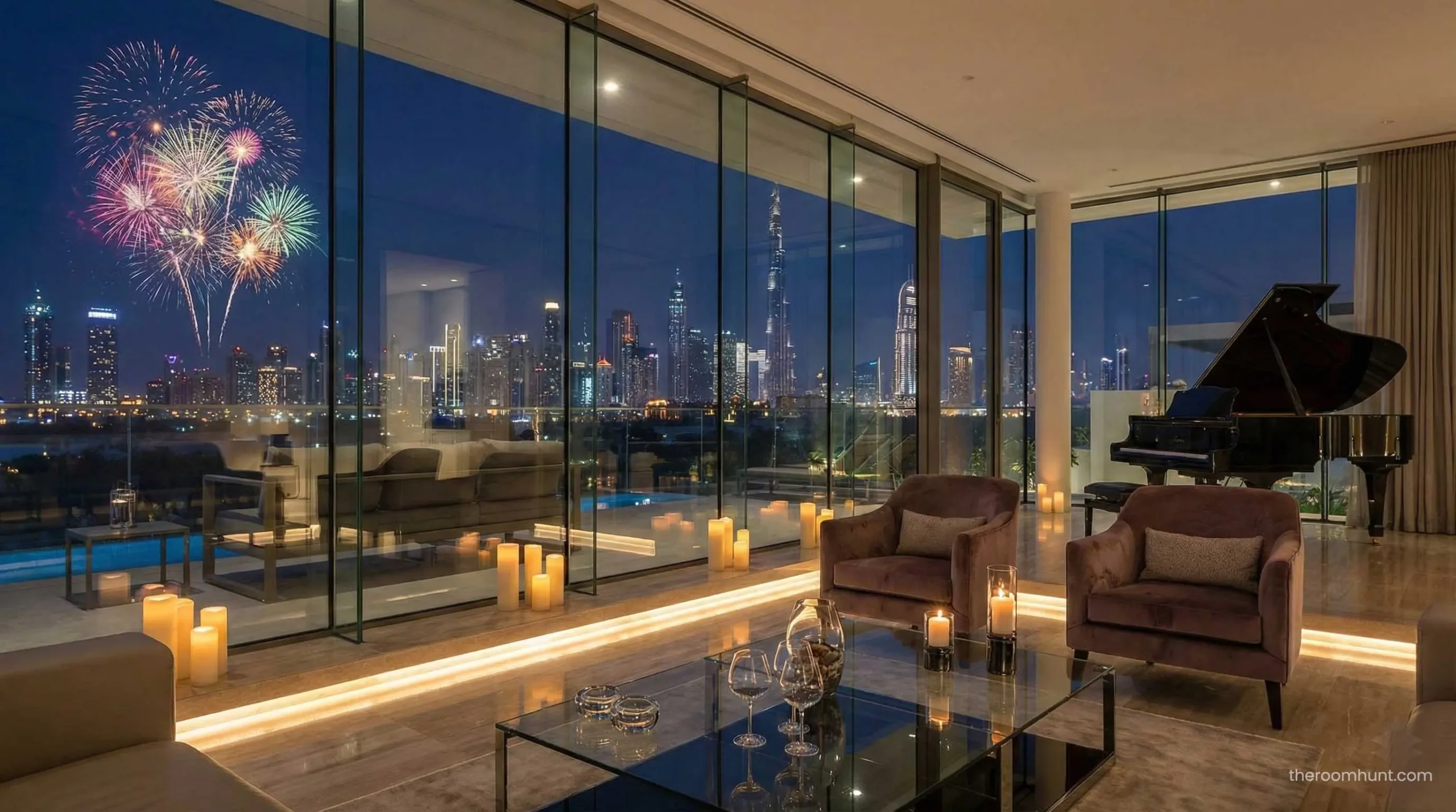 Professional VIP real estate tour inside an ultra-luxury Dubai villa with a view of the Burj Khalifa.