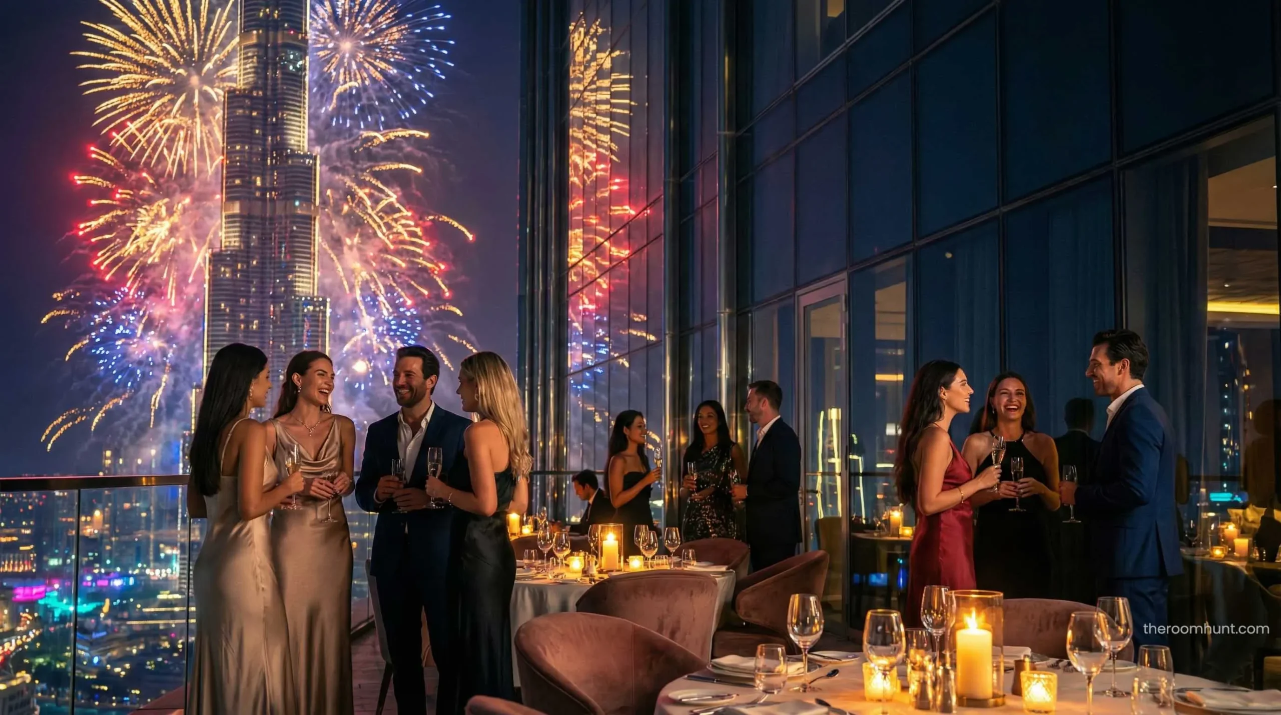 High-net-worth individuals networking at a private luxury party in Dubai with Burj Khalifa view.