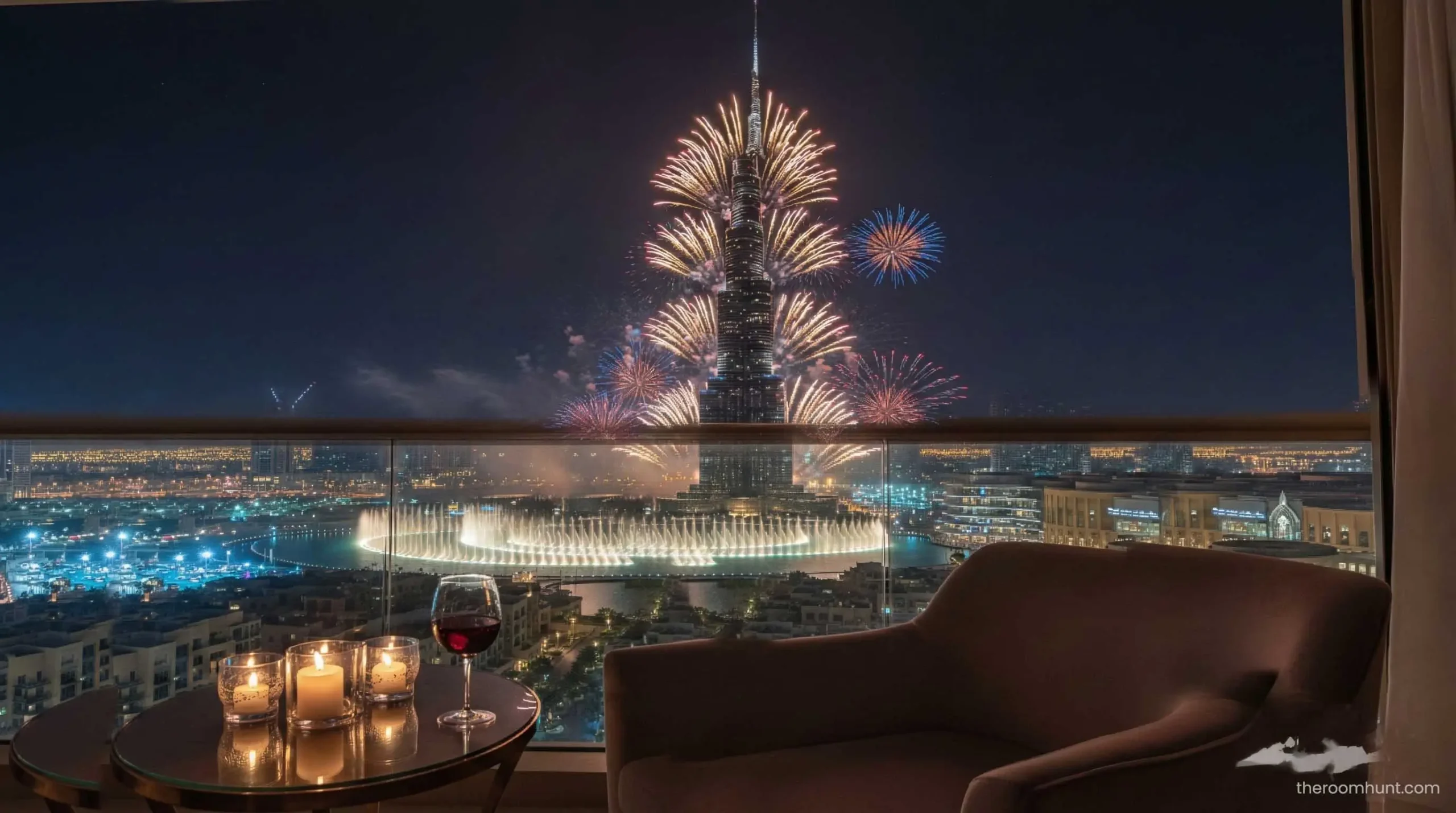 Unobstructed view of the Burj Khalifa and the Dubai Fountain from a luxury hotel room balcony in Downtown Dubai.