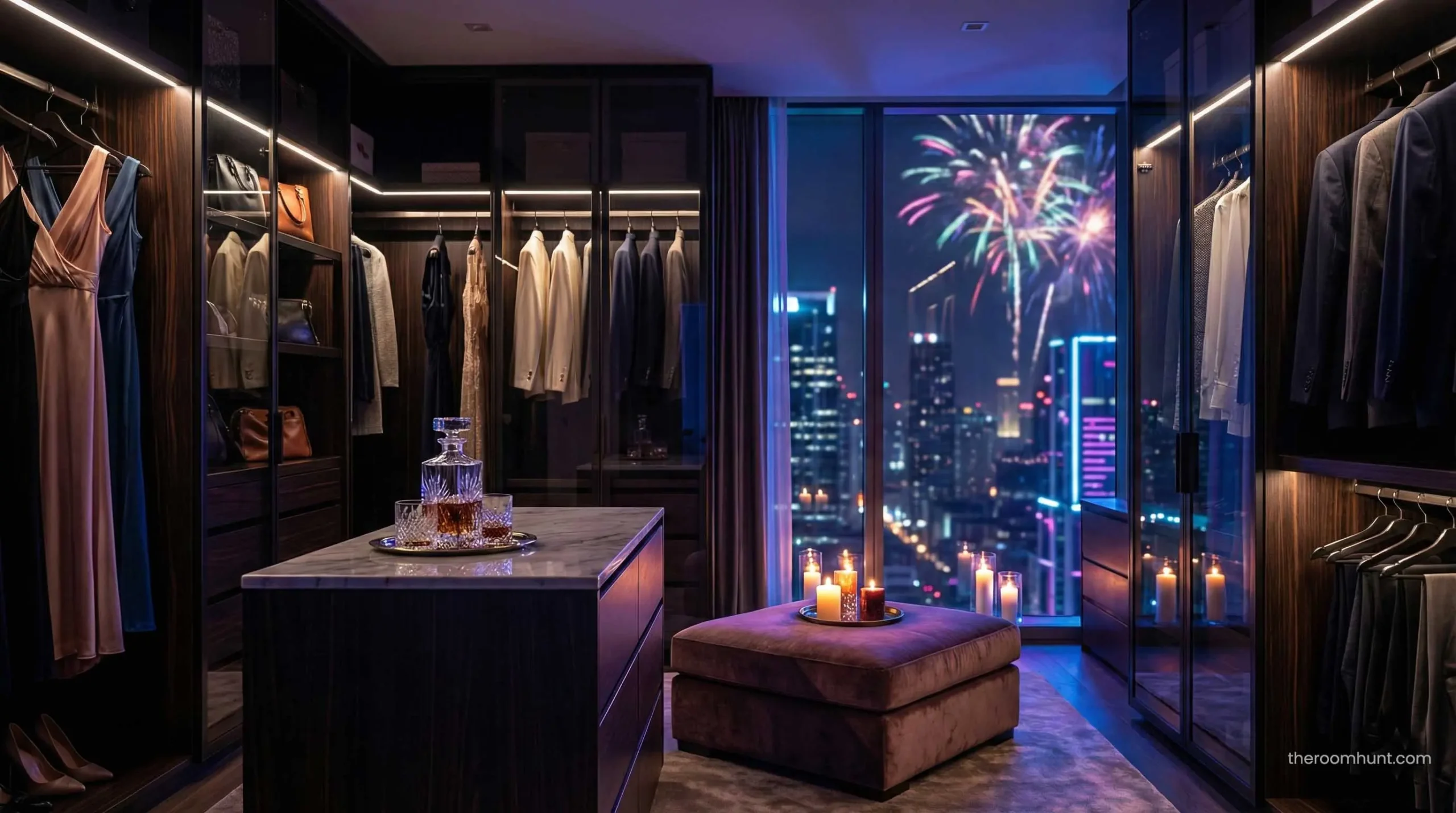 Luxurious walk-in wardrobe and dressing area inside a high-end Dubai penthouse.