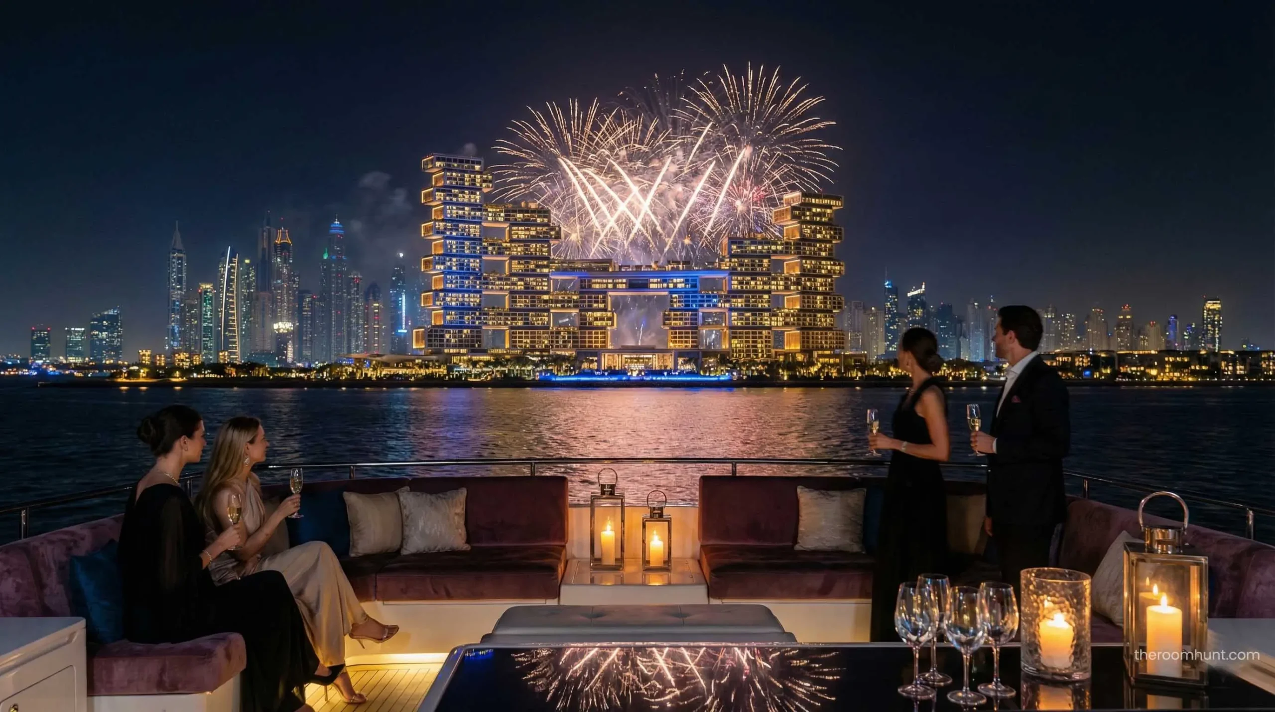 The illuminated Palm Jumeirah crescent and Atlantis The Royal on New Year's Eve with a private yacht in the water.
