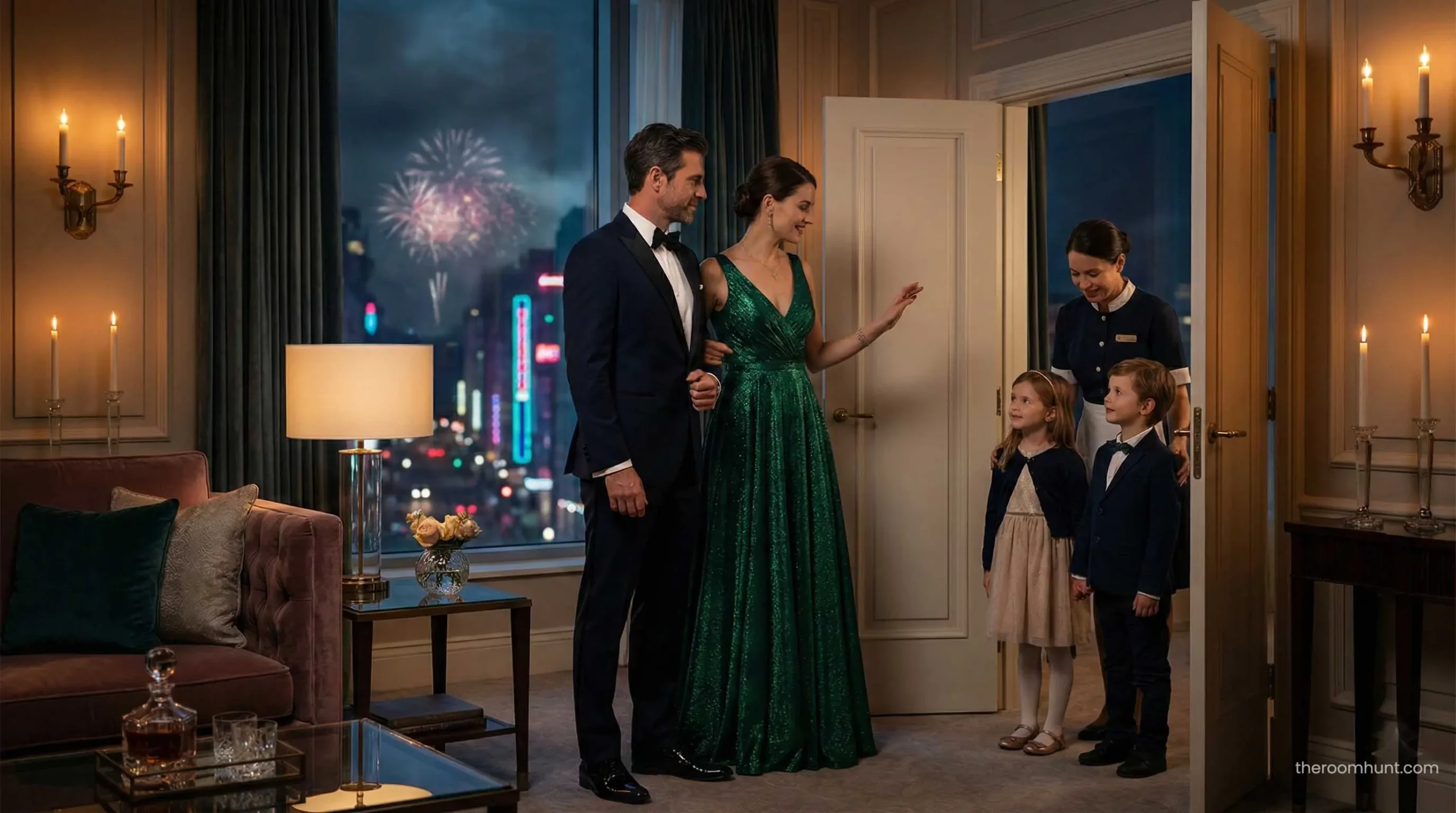 Parents in formal attire leaving their children with a trusted VIP nanny for a New Year's Eve gala in Dubai.