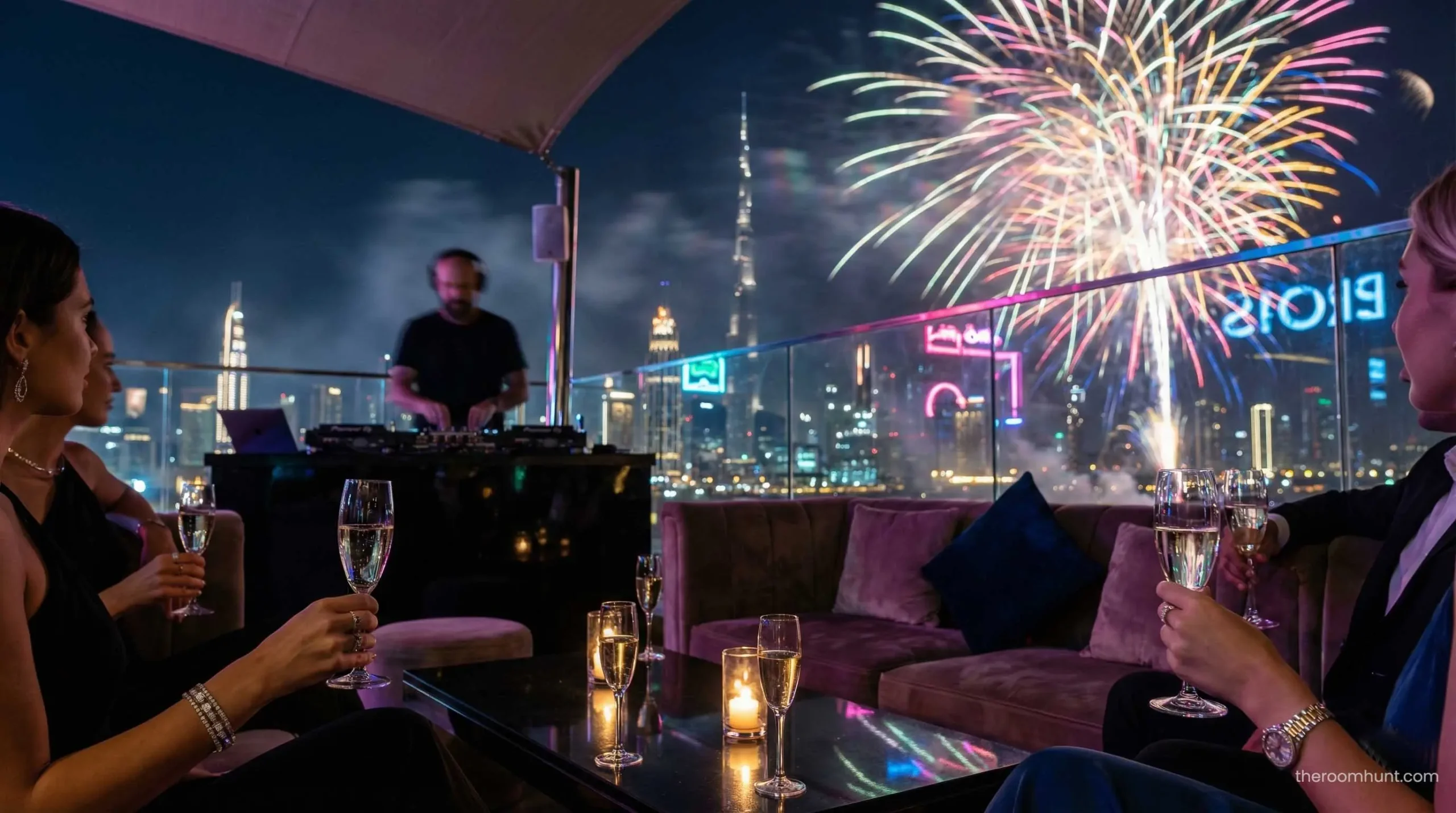 Exclusive private celebrity party on a Dubai rooftop with high-end guests and champagne on New Year's Eve.