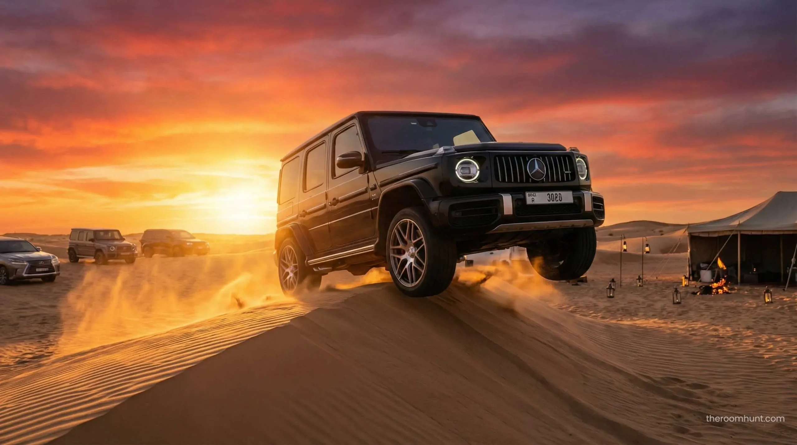 Luxury 4x4 SUV driving during a private dune bash desert safari in Dubai at sunset.