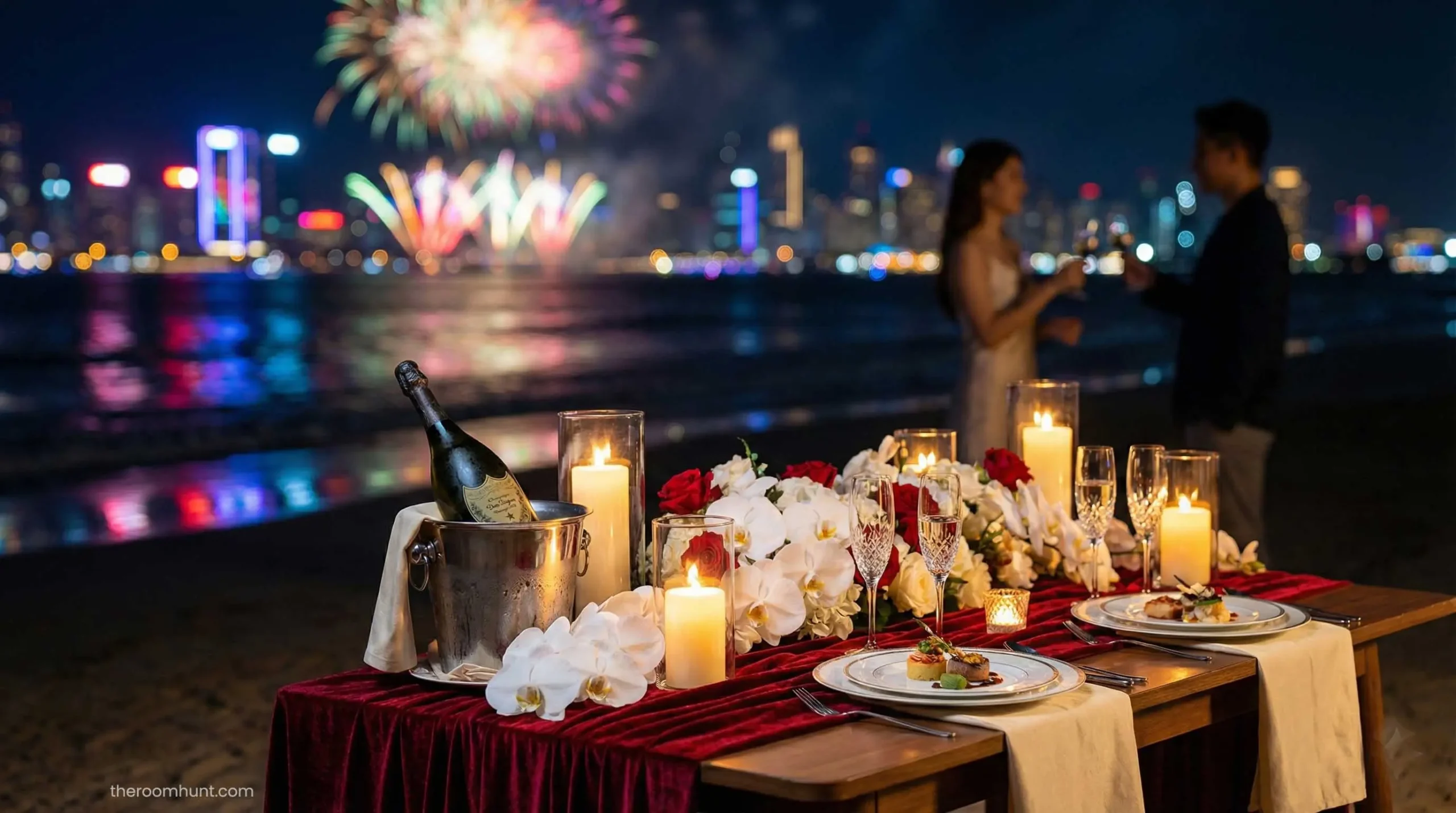 Candlelit romantic dinner setup on a private beach in Dubai for a honeymoon couple.