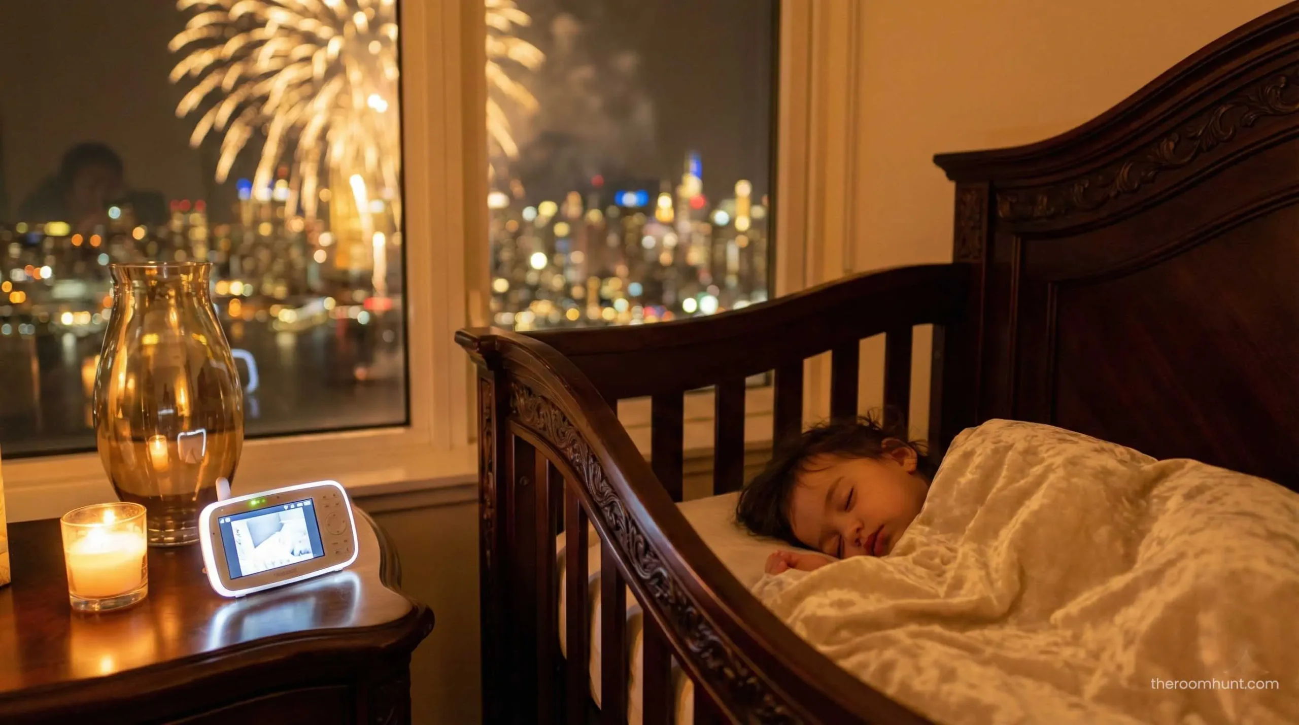 Sleeping child in a luxury hotel crib monitored by a professional nanny service in Dubai.