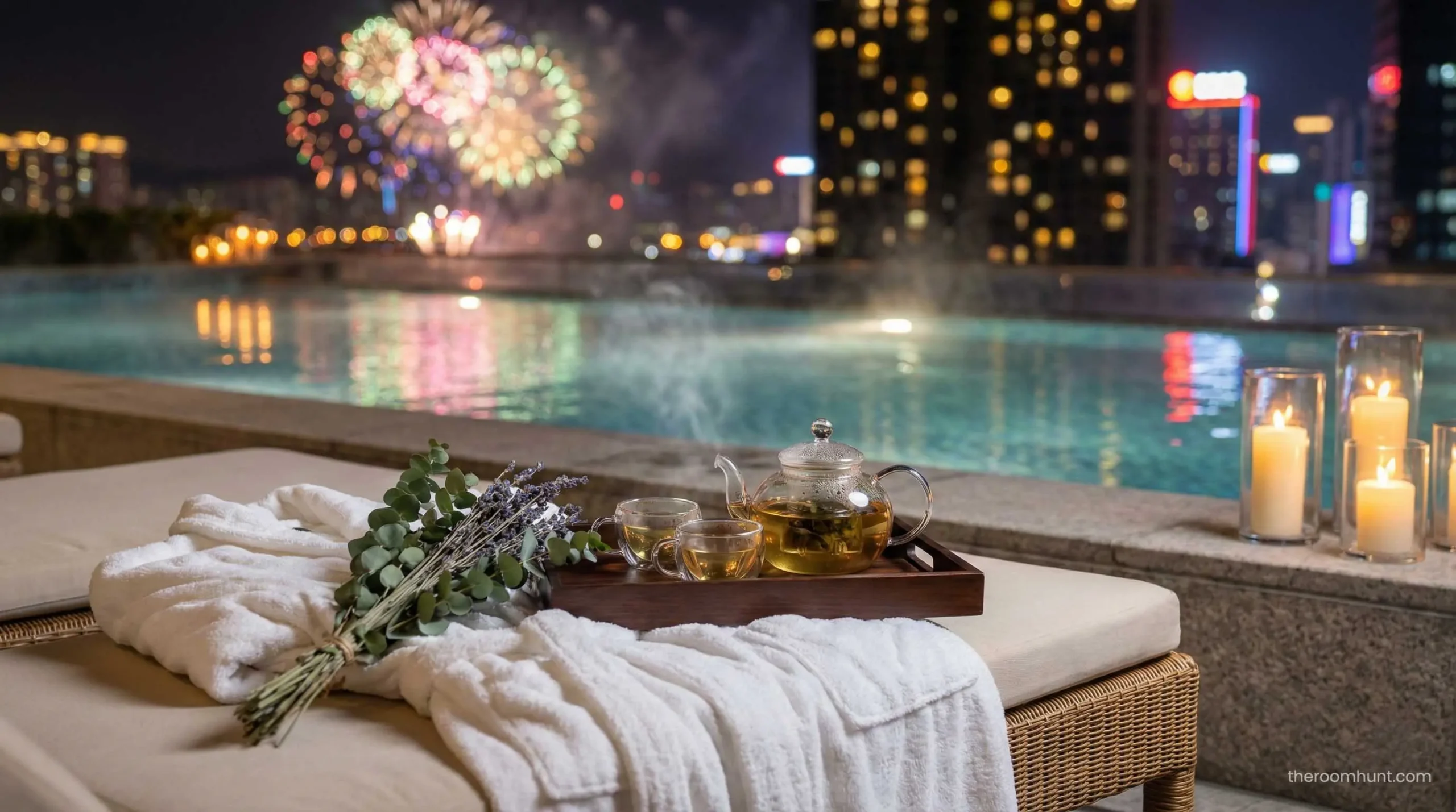 Detox herbal tea and plush robe at a luxury spa poolside in Dubai.