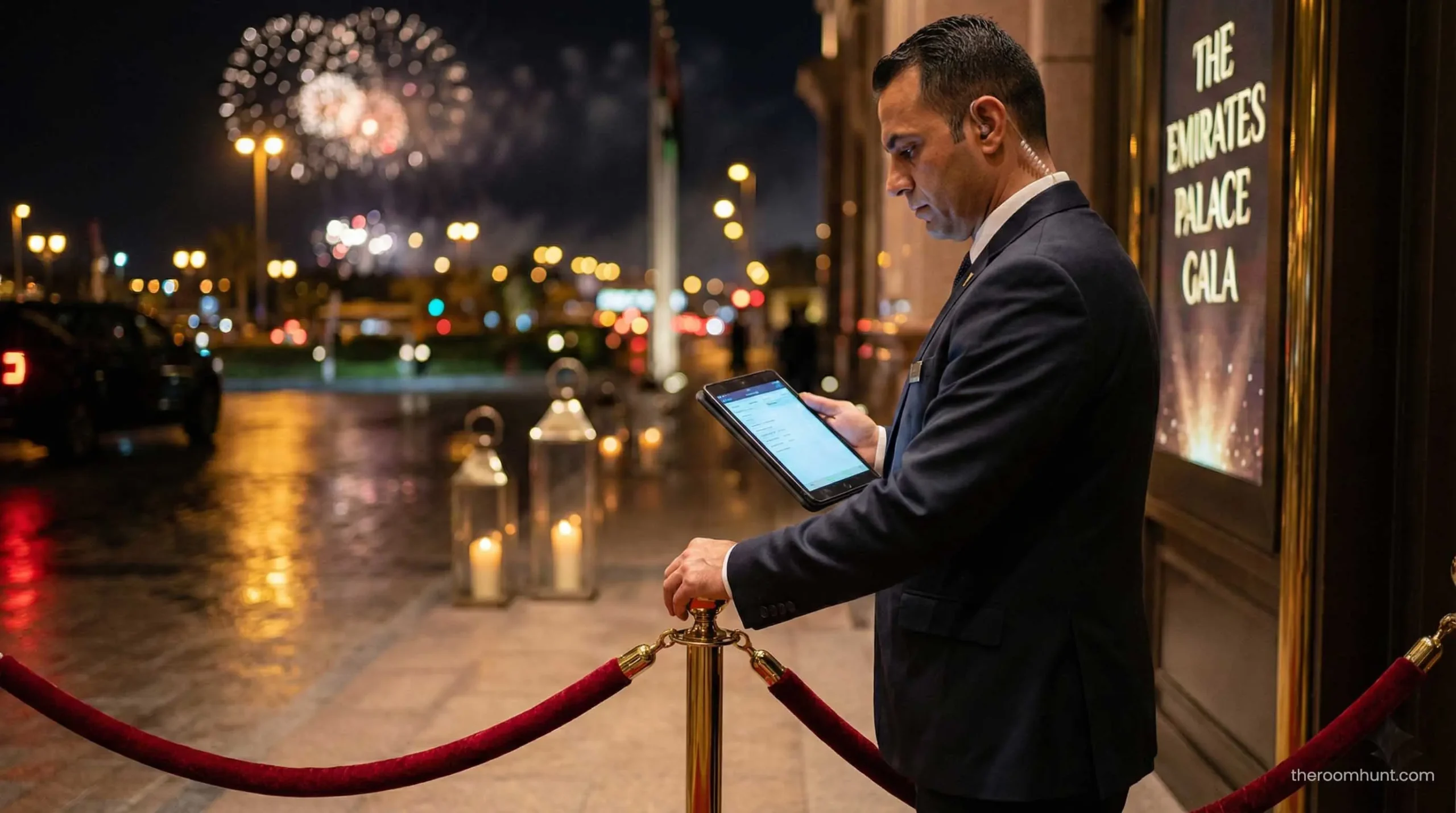 VIP guestlist check-in at an exclusive celebrity party entrance in Dubai.