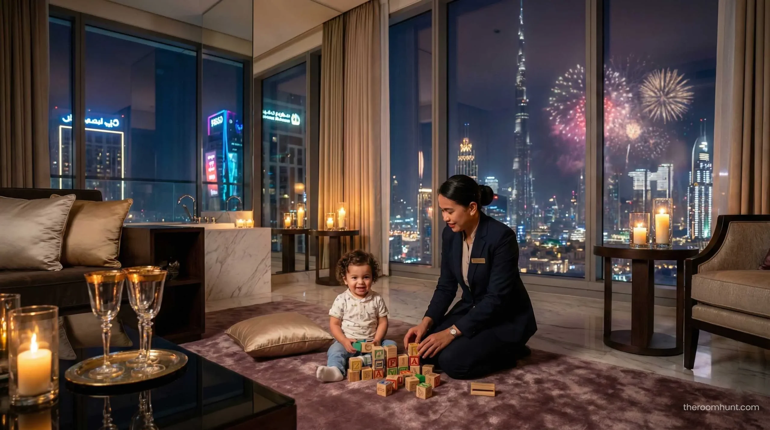 Professional VIP nanny from a top agency caring for a toddler in a luxury hotel suite in Dubai.