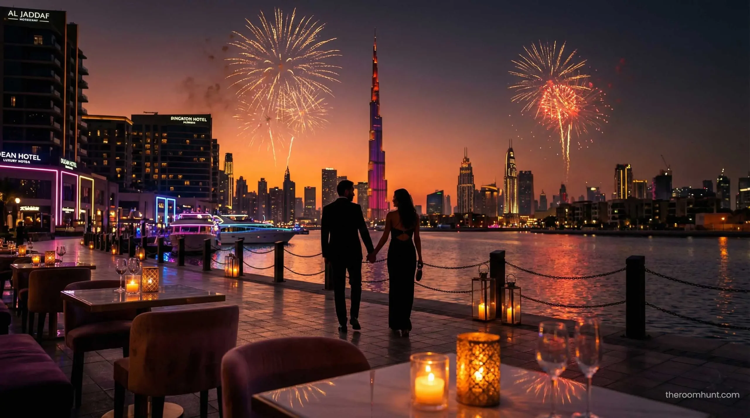 Couple enjoying a sunset walk at Al Jaddaf Waterfront with Dubai skyline view.