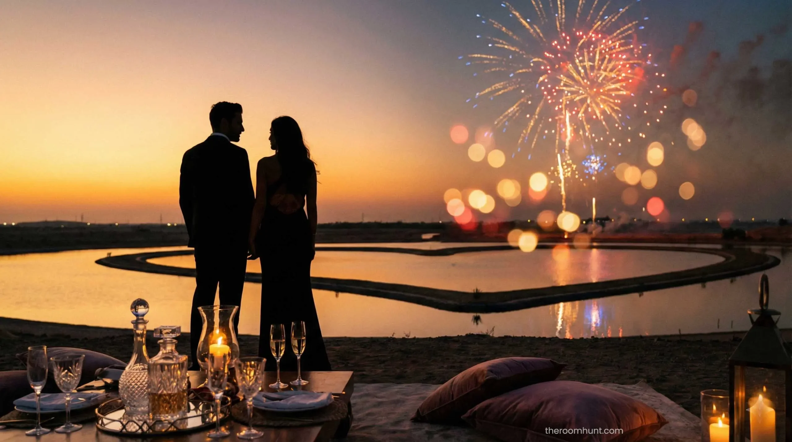 Romantic couple silhouette at Al Qudra Love Lakes Dubai during sunset.
