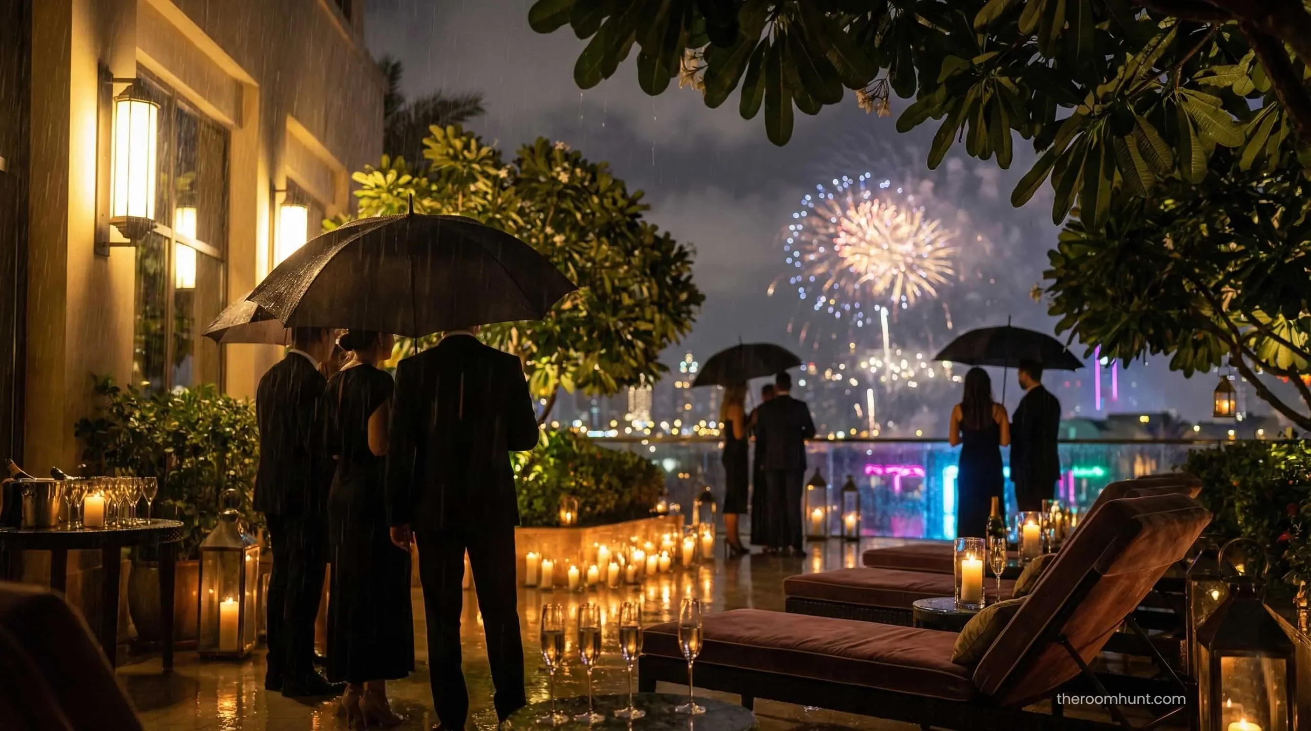 Private outdoor rain shower in a garden courtyard at a luxury Dubai spa.