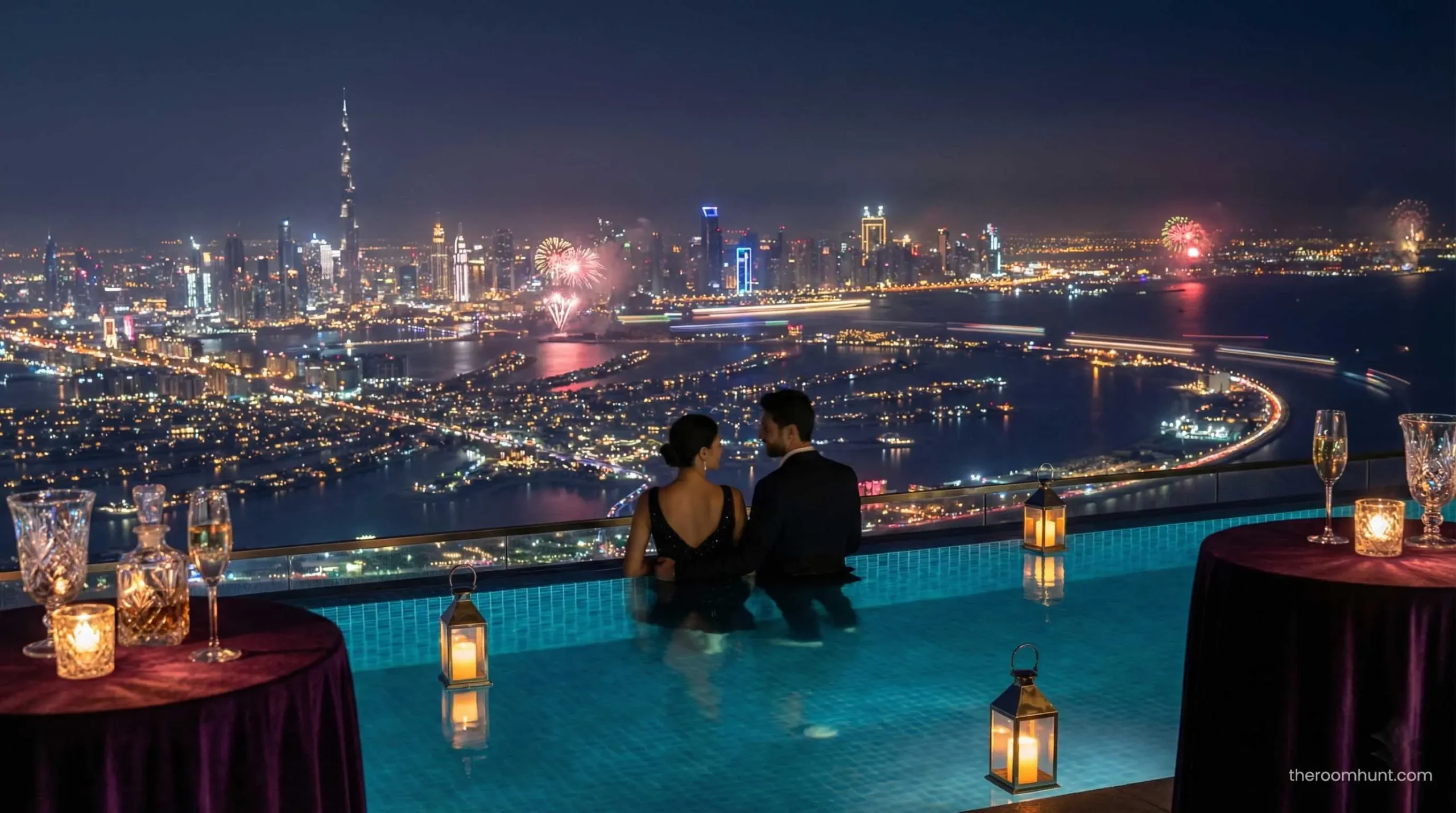 Couple enjoying a night swim at Aura Skypool Dubai with city lights background.