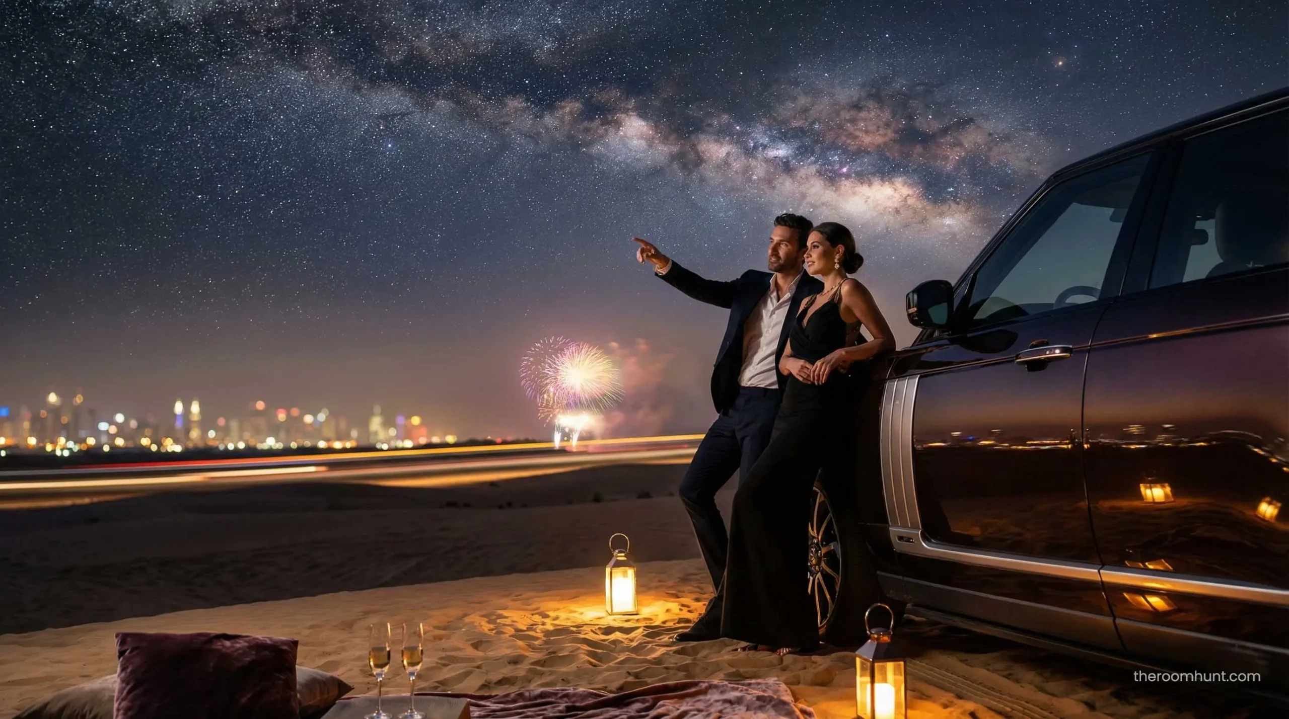 Couple stargazing with a luxury car in Al Qudra desert Dubai at night.