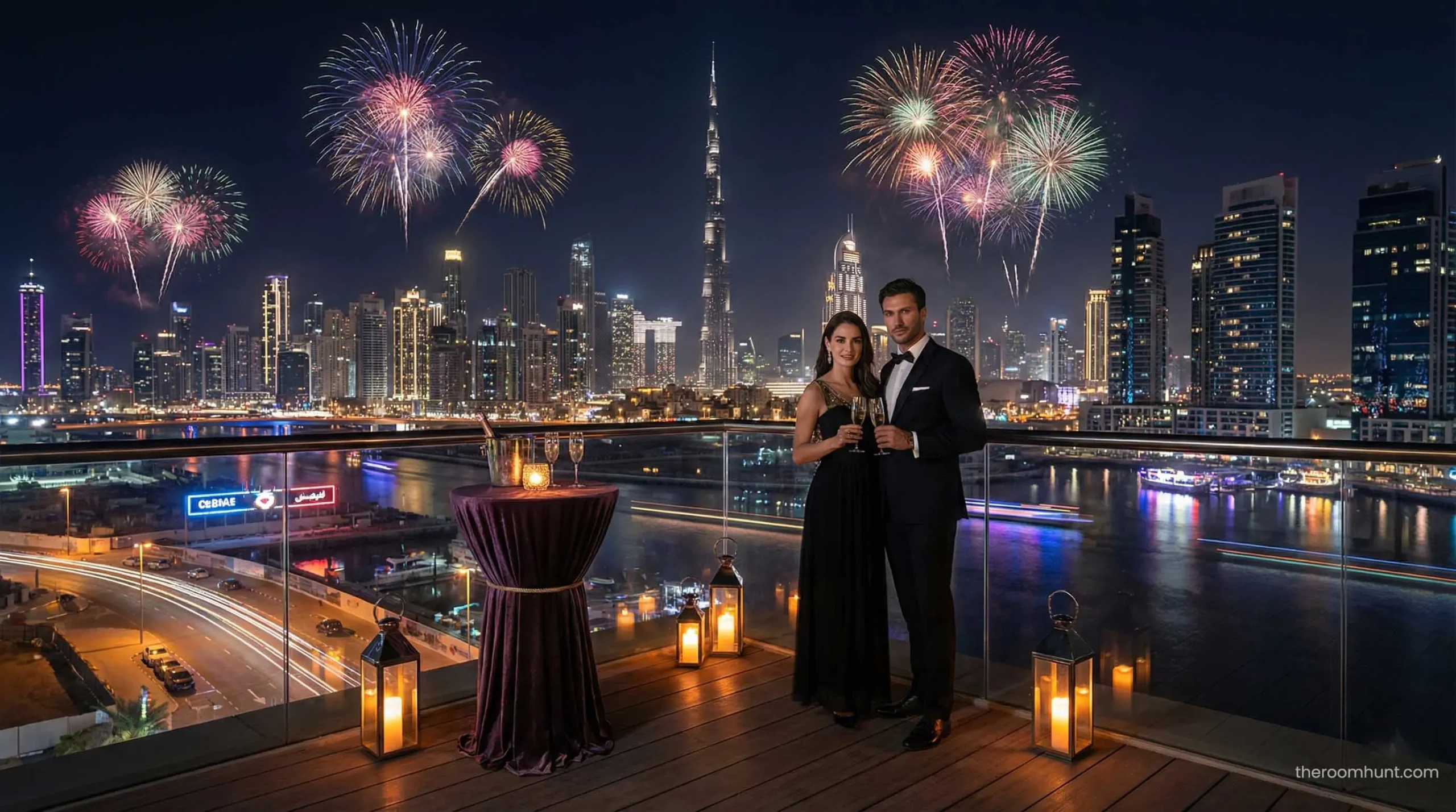 Couple posing at Dubai Creek Harbour Viewing Point with Burj Khalifa skyline view.