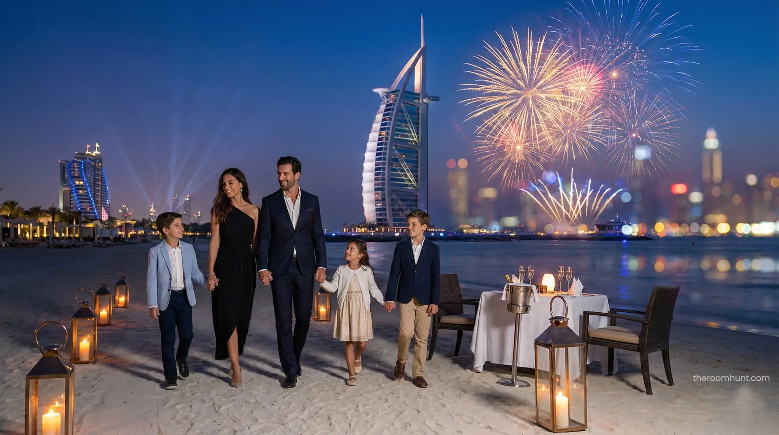 Family enjoying a luxury beach vacation in Dubai with Burj Al Arab view.