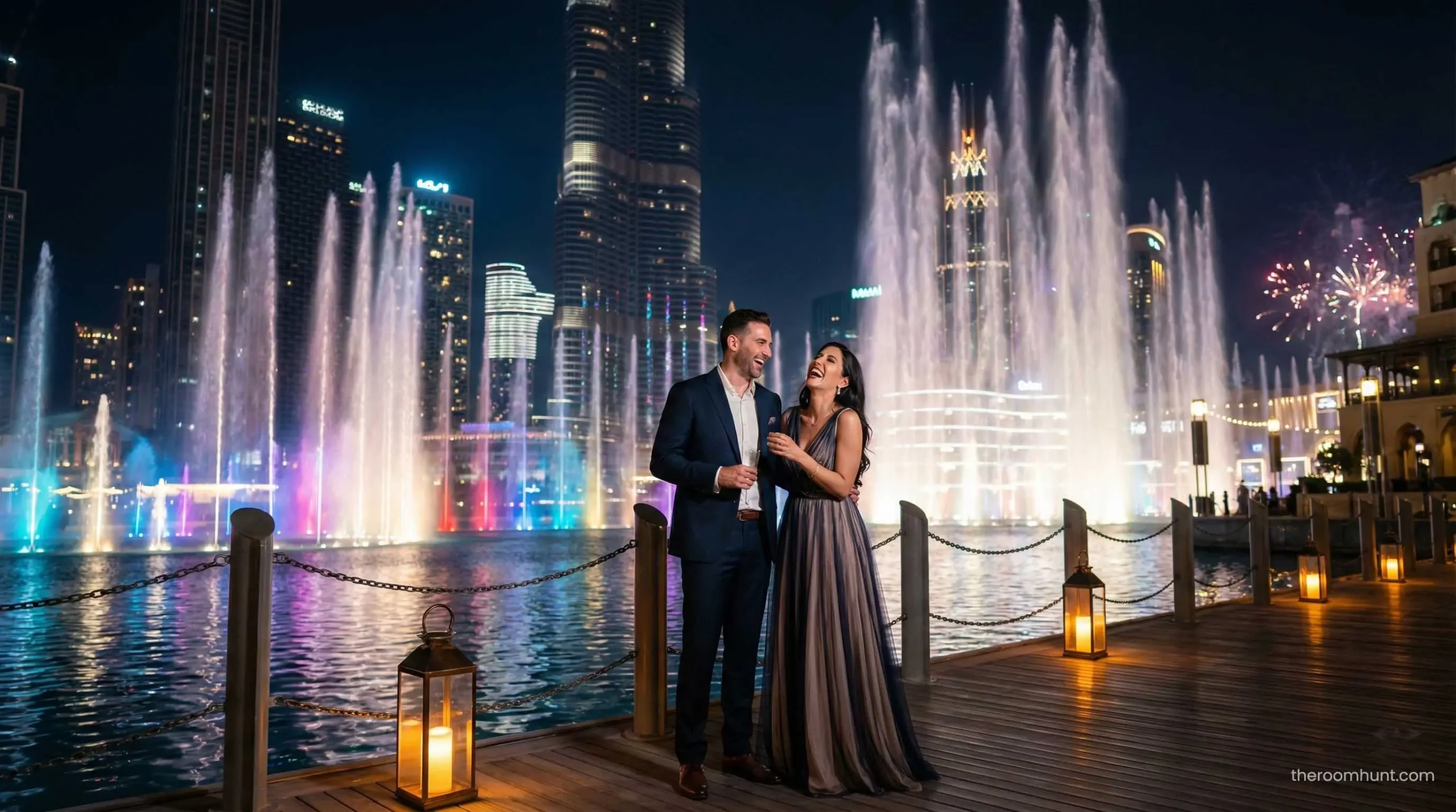 Couple enjoying the close-up view of the fountain show from the Dubai Fountain Boardwalk.